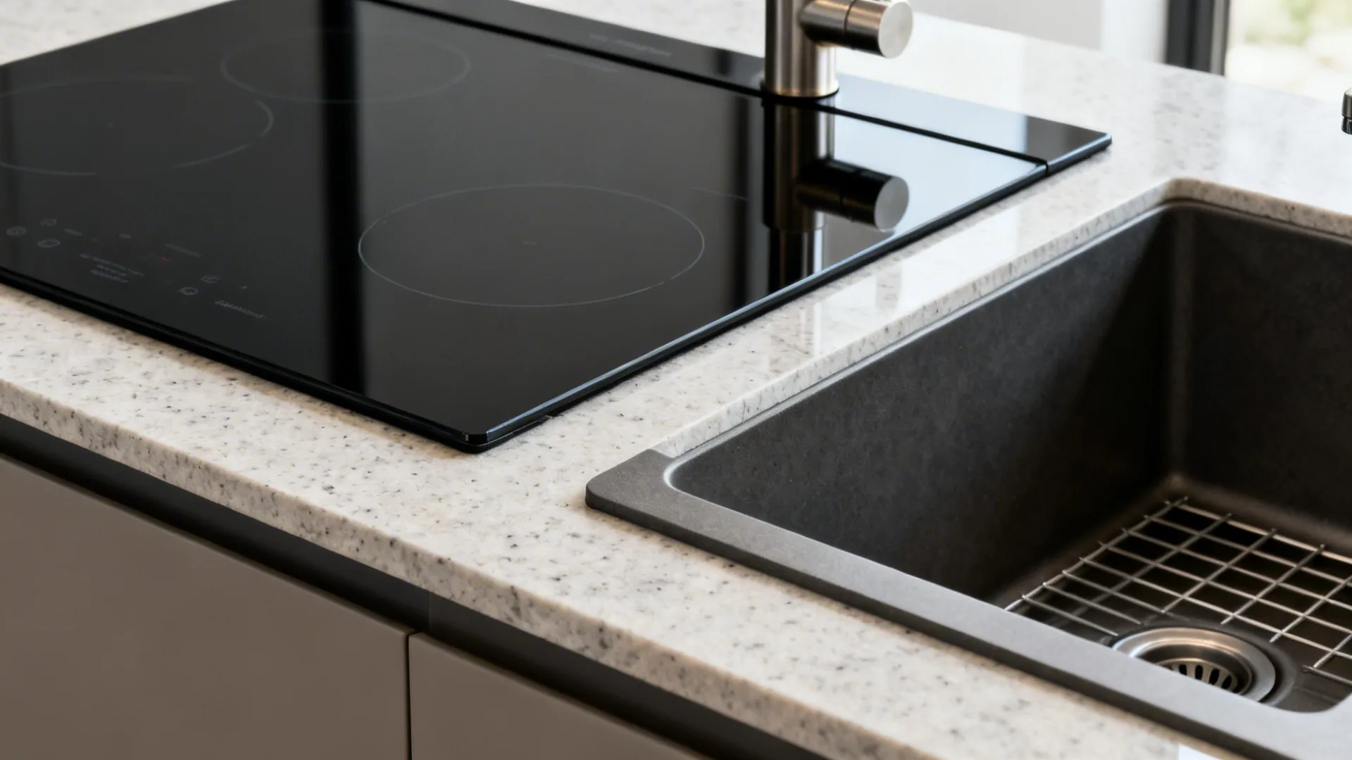 Macro of a flush 60 cm induction cooktop and an undermount sink creating a continuous quartz worktop.