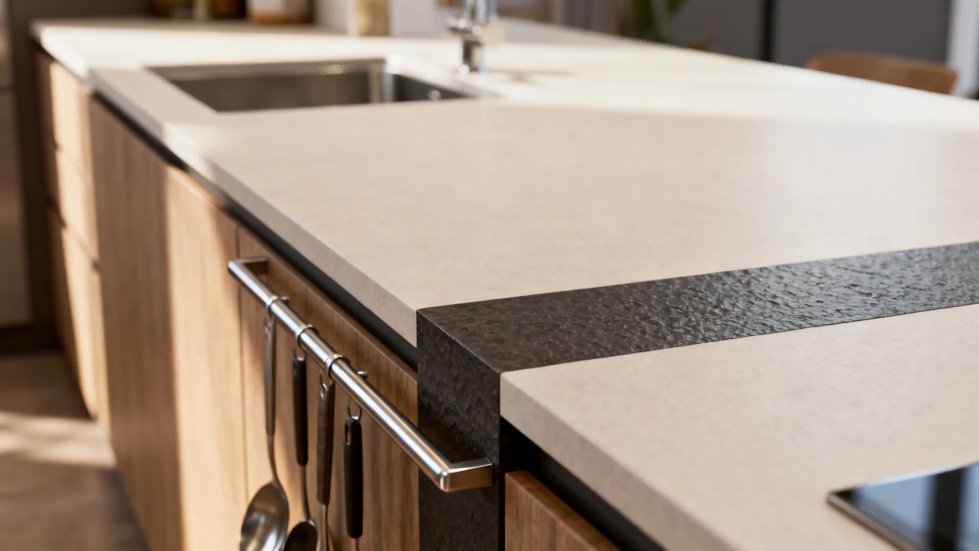 Close-up of a continuous light countertop with a darker statement section and a slim prep rail holding utensils.