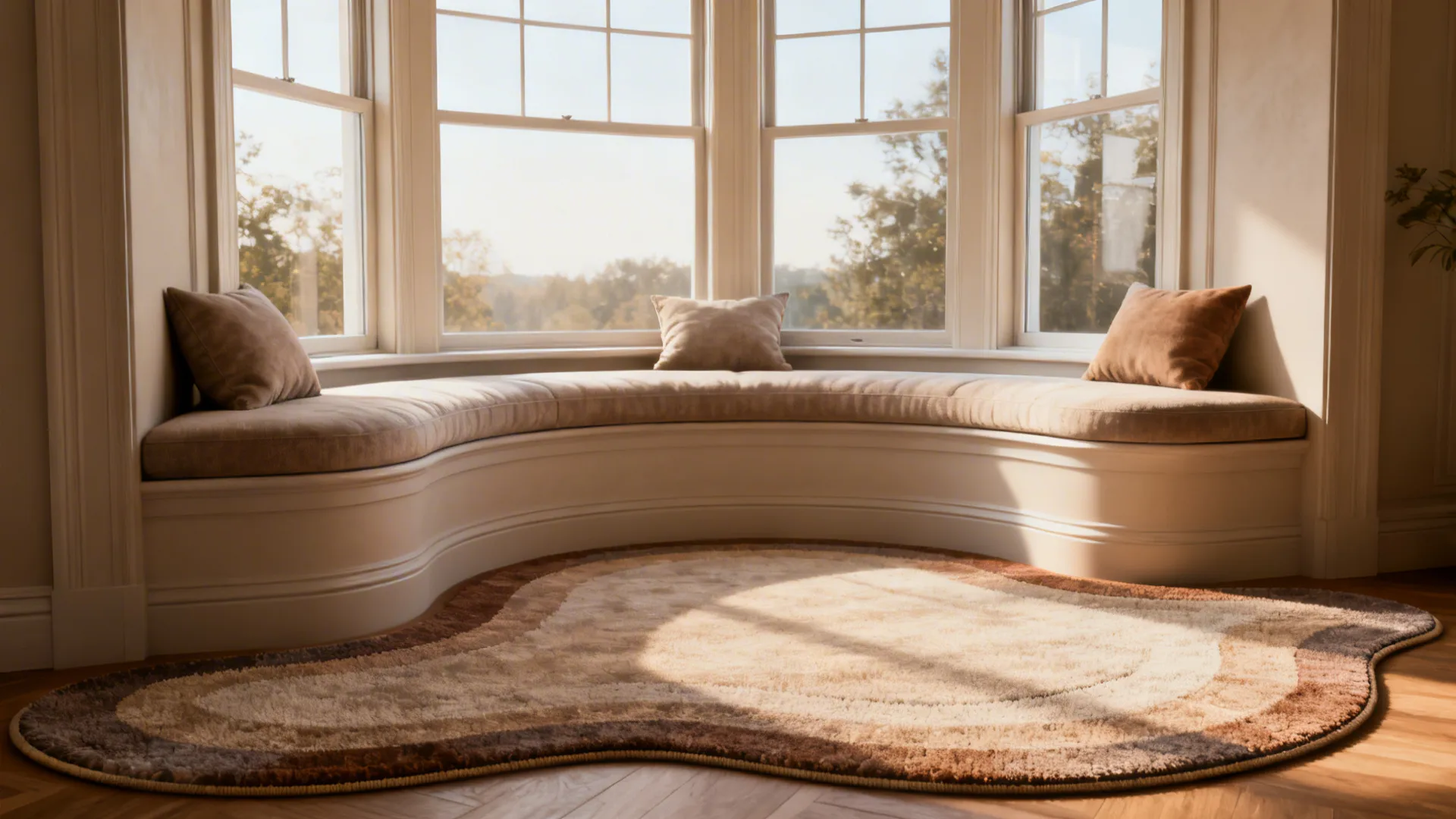 Curved window seat with brown pillows and a wavy patterned rug on a wooden floor