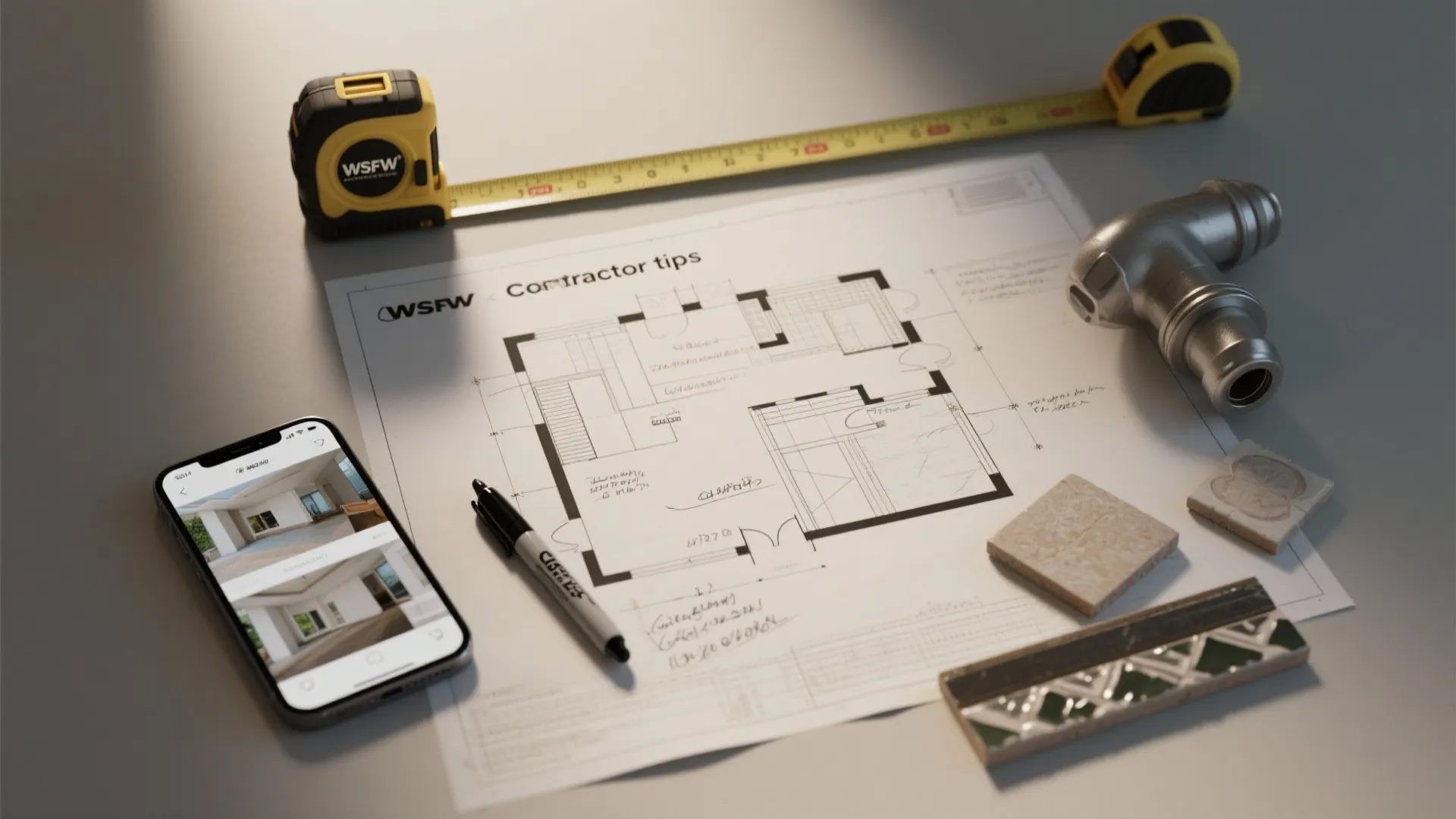 Top-down flatlay of a floor plan, measuring tape, phone photos and tile samples illustrating contractor tips and clearances.