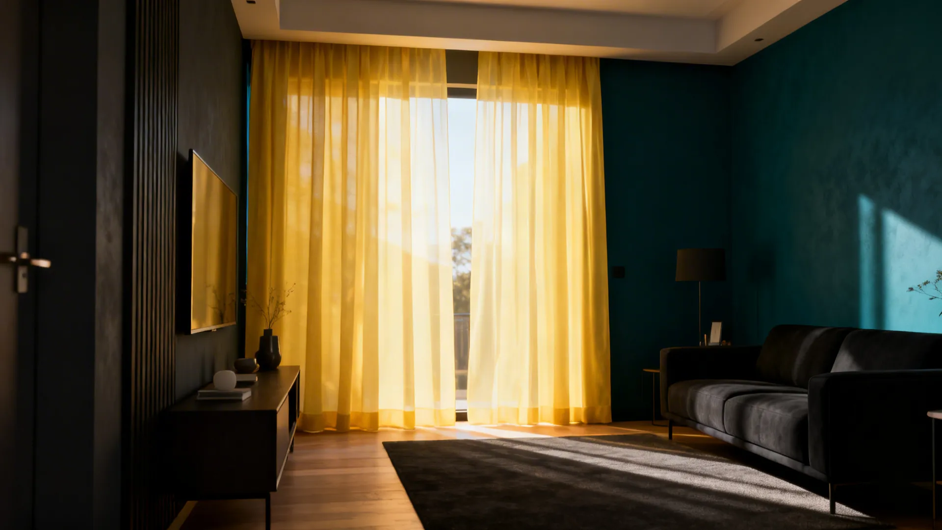 Light-yellow curtains paired with a deep accent wall and dark furniture for dramatic contrast