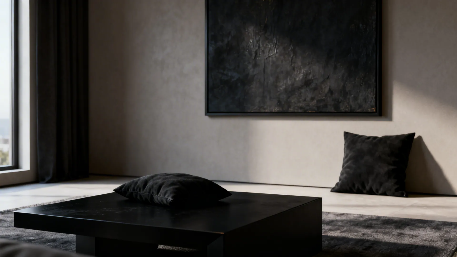 Dark throw pillows and a black coffee table contrasting with a white sofa