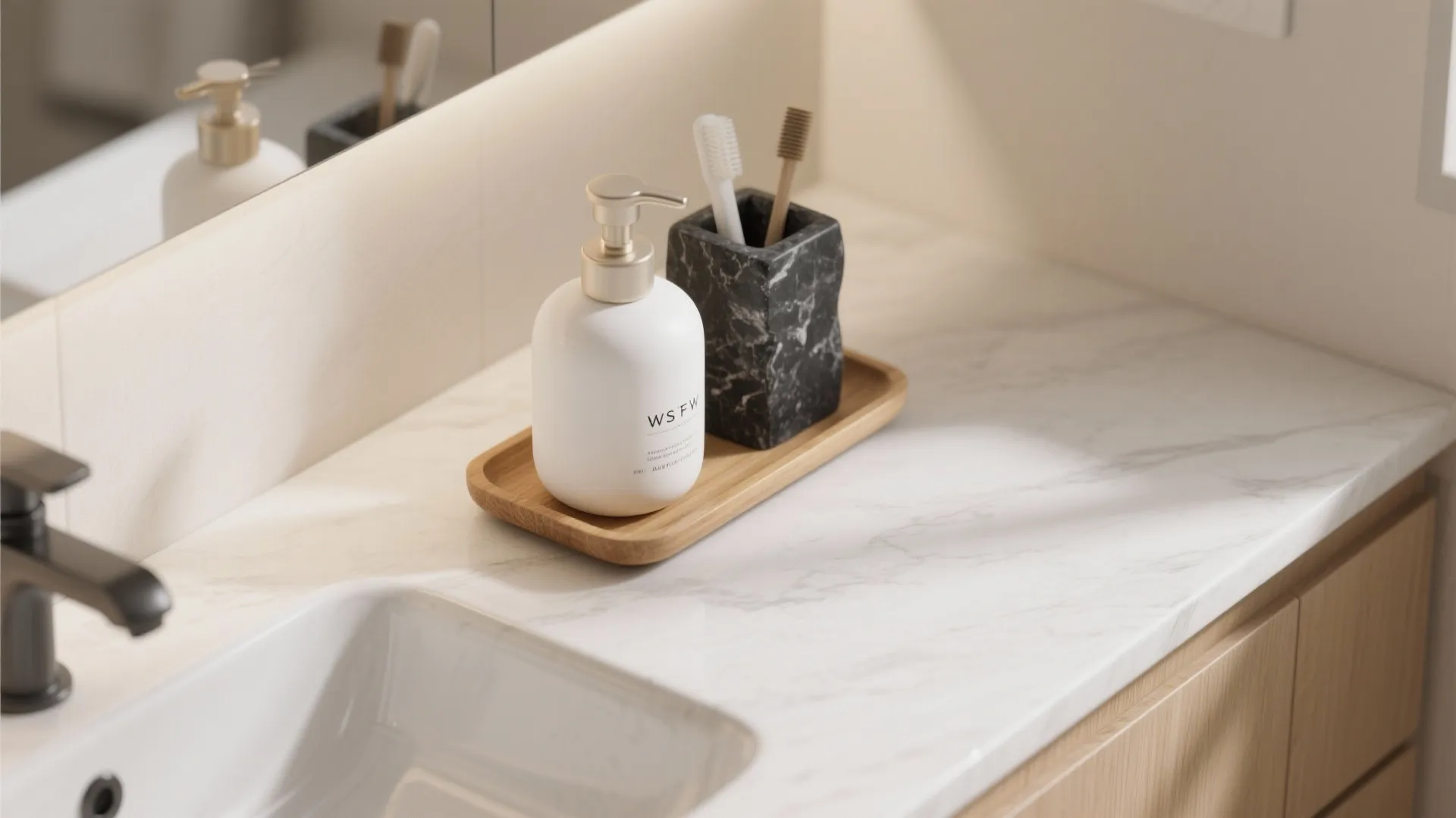 Top-down mockup showing a white accessory paired with black stone and wood for contrast