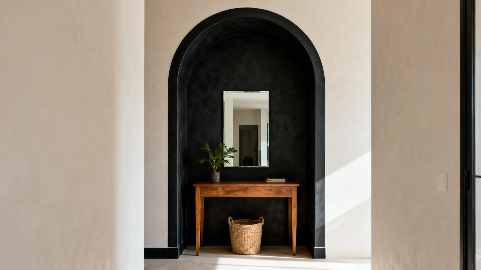 Entry with a charcoal painted arch around a mirror creating a striking focal point.