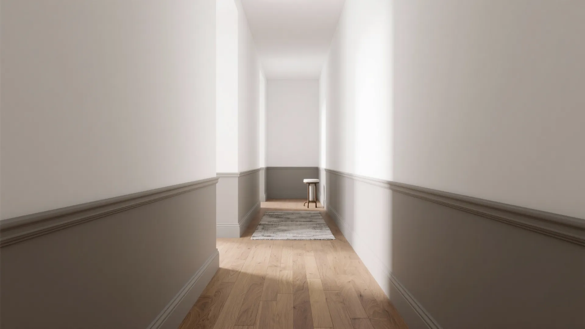 Bright long hallway with white upper walls grey lower wall panel wooden floor and rug