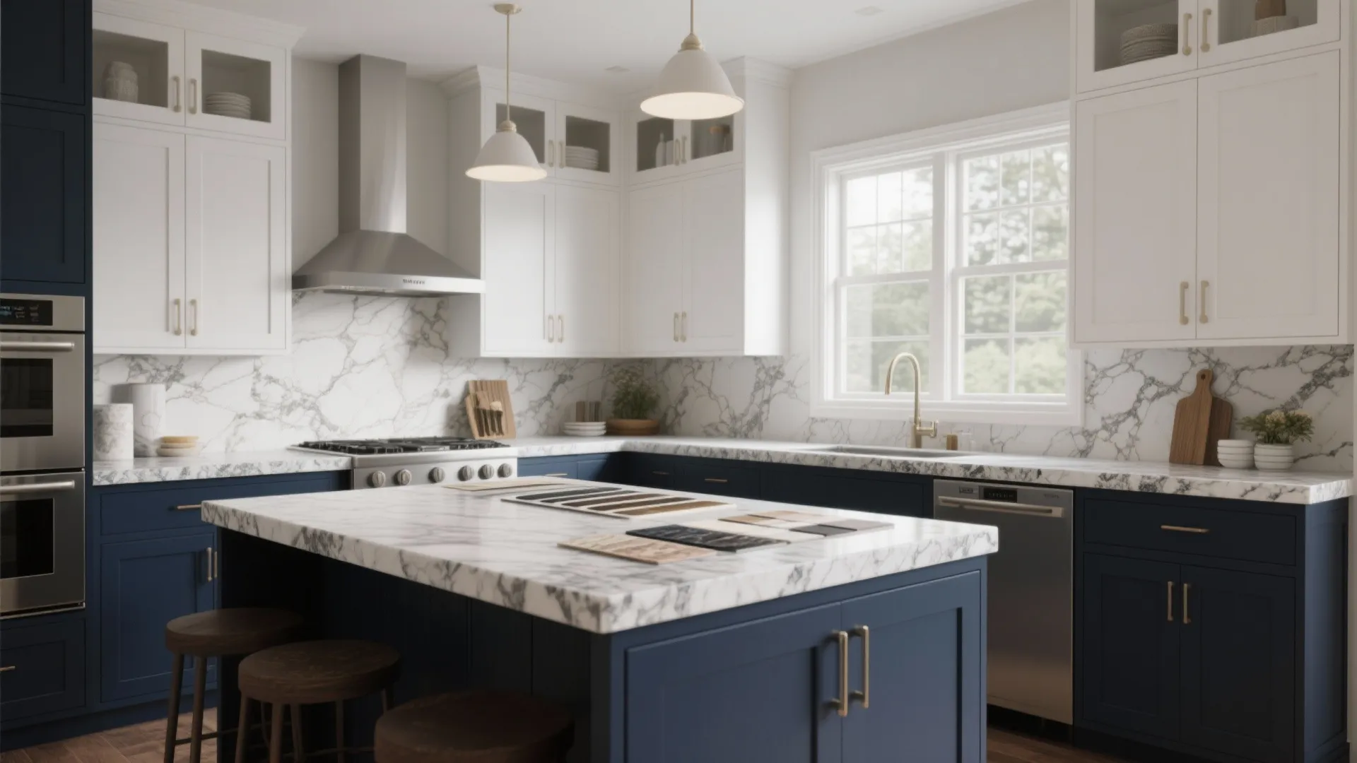 Kitchen with dark lower cabinets, white upper cabinets and veined granite countertop creating visual layers.