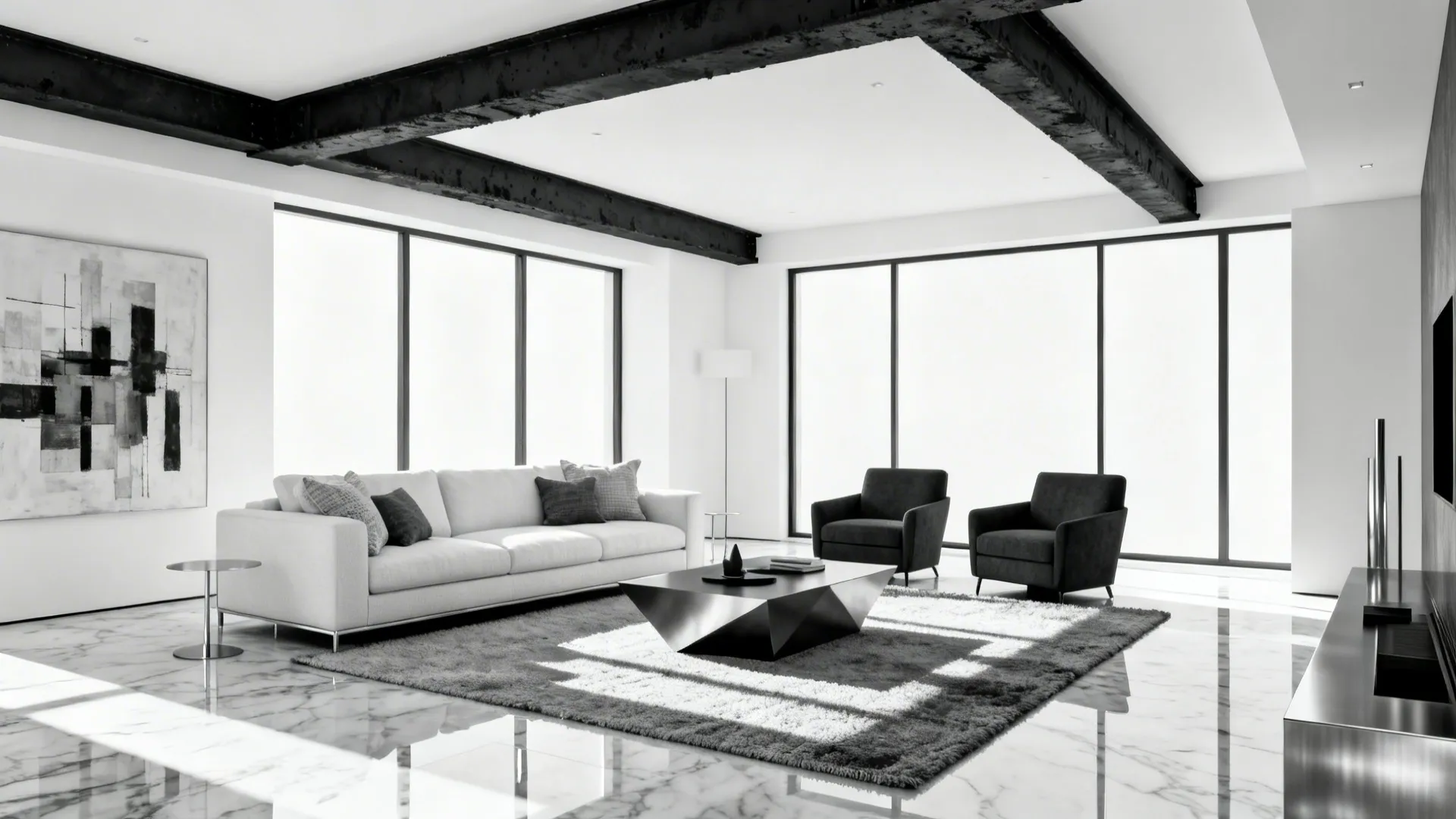 Modern living room with charcoal painted beams contrasting a white ceiling and neutral furnishings.