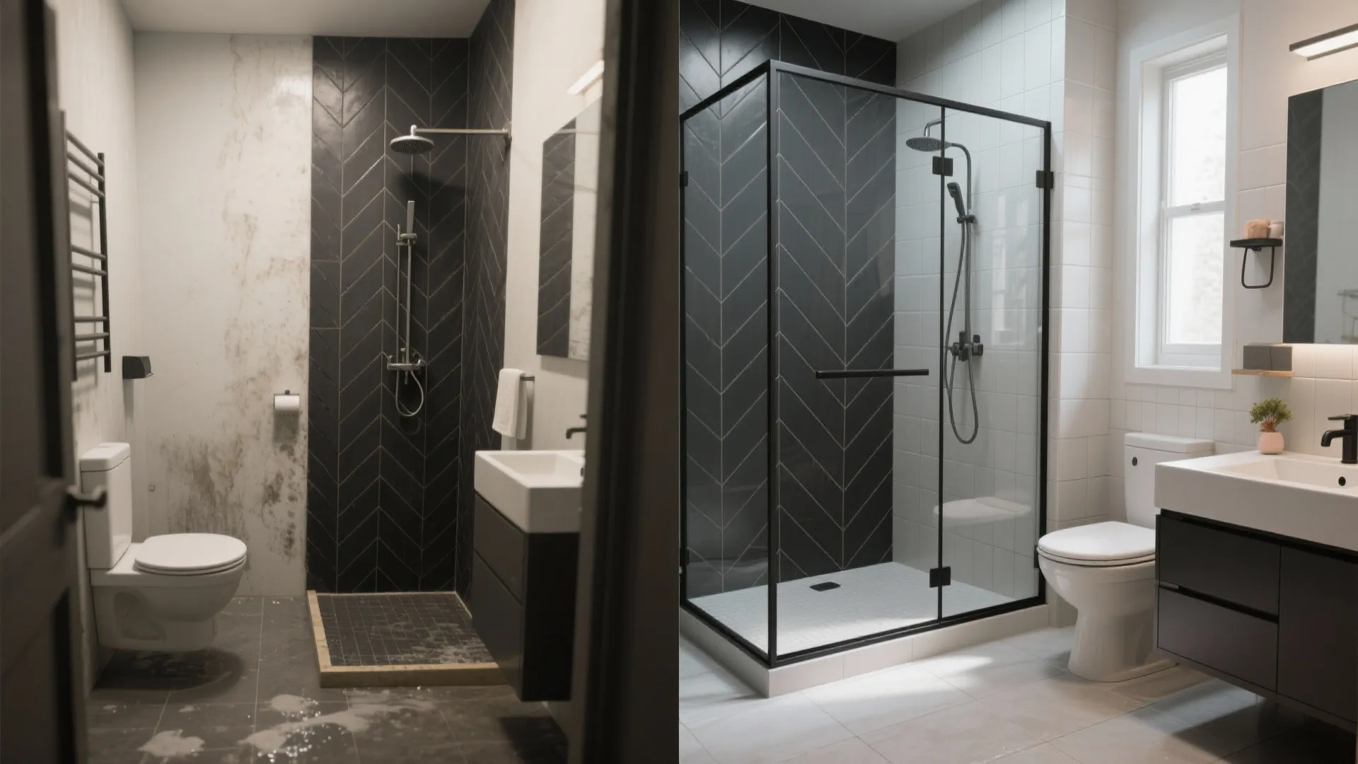 Before and after comparison showing an old dirty bathroom versus a modern clean bathroom design