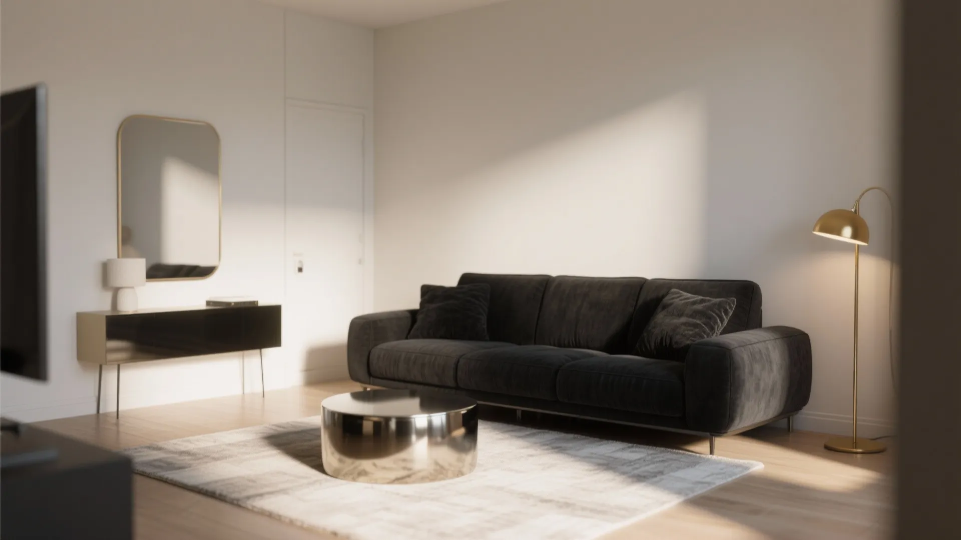 Modern living room with black sofa metallic coffee table grey rug and gold floor lamp
