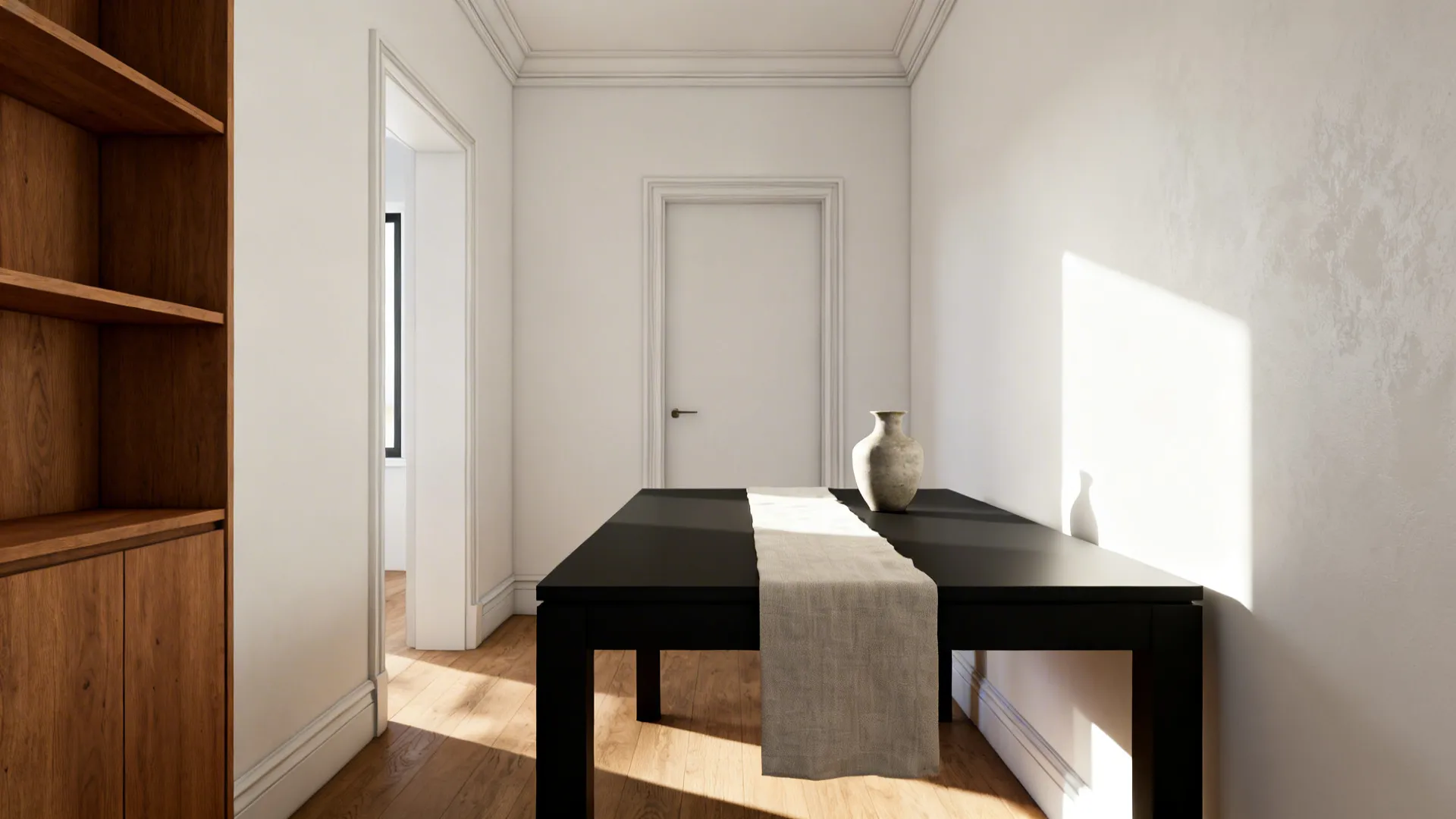 Black table with grey runner and vase in a bright hallway with light wood flooring