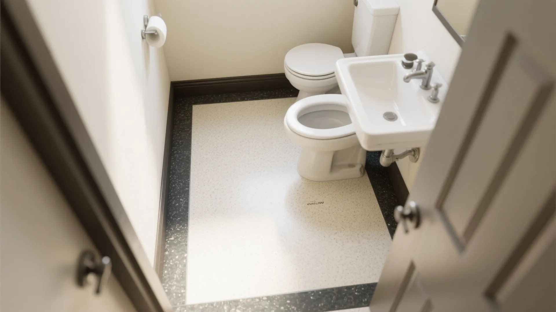 Small bathroom with white toilet plus sink and a floor featuring a dark border design