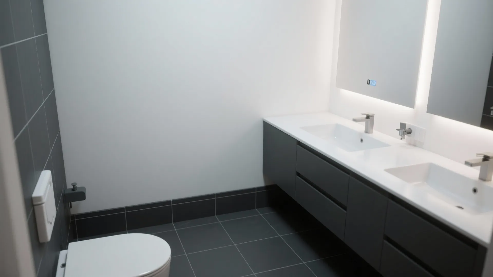 Compact bathroom showing dark gray floor contrasted with crisp white walls and dark grout.