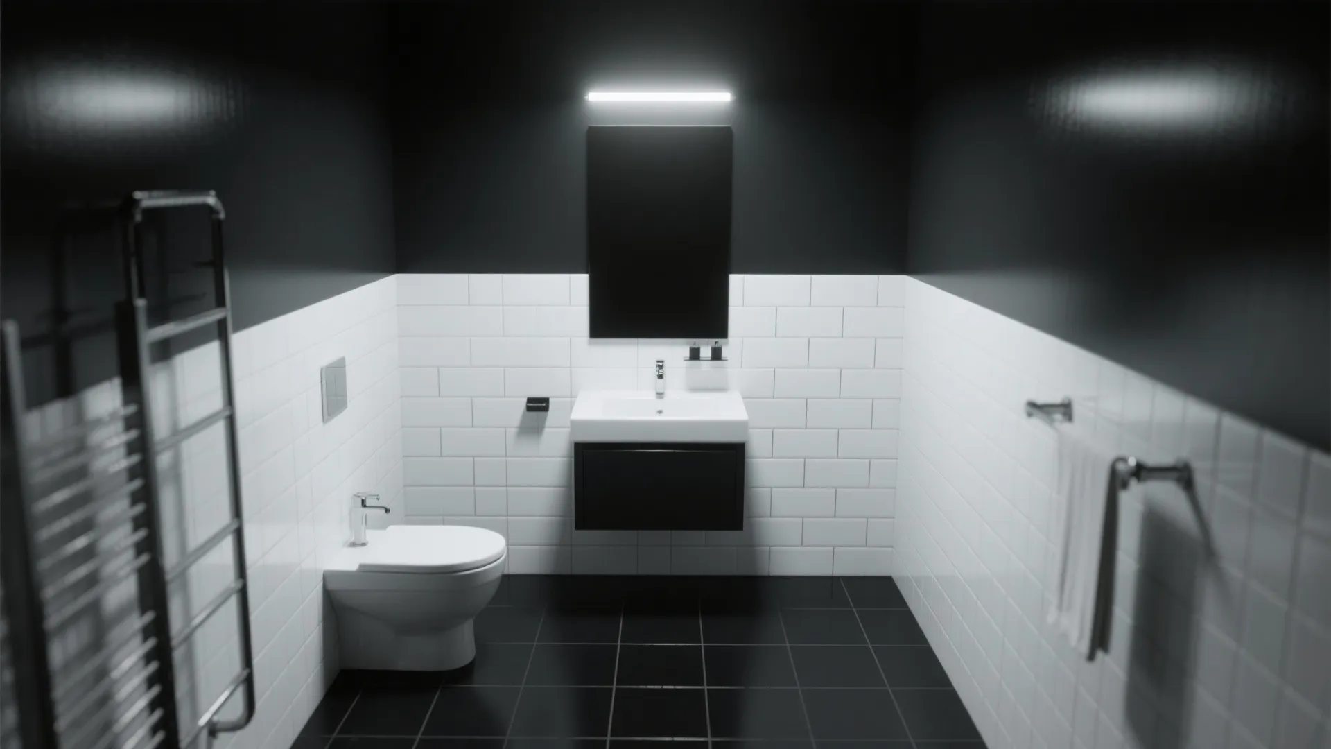 Modern black and white bathroom with white wall tiles, floating cabinet, toilet, mirror and floor