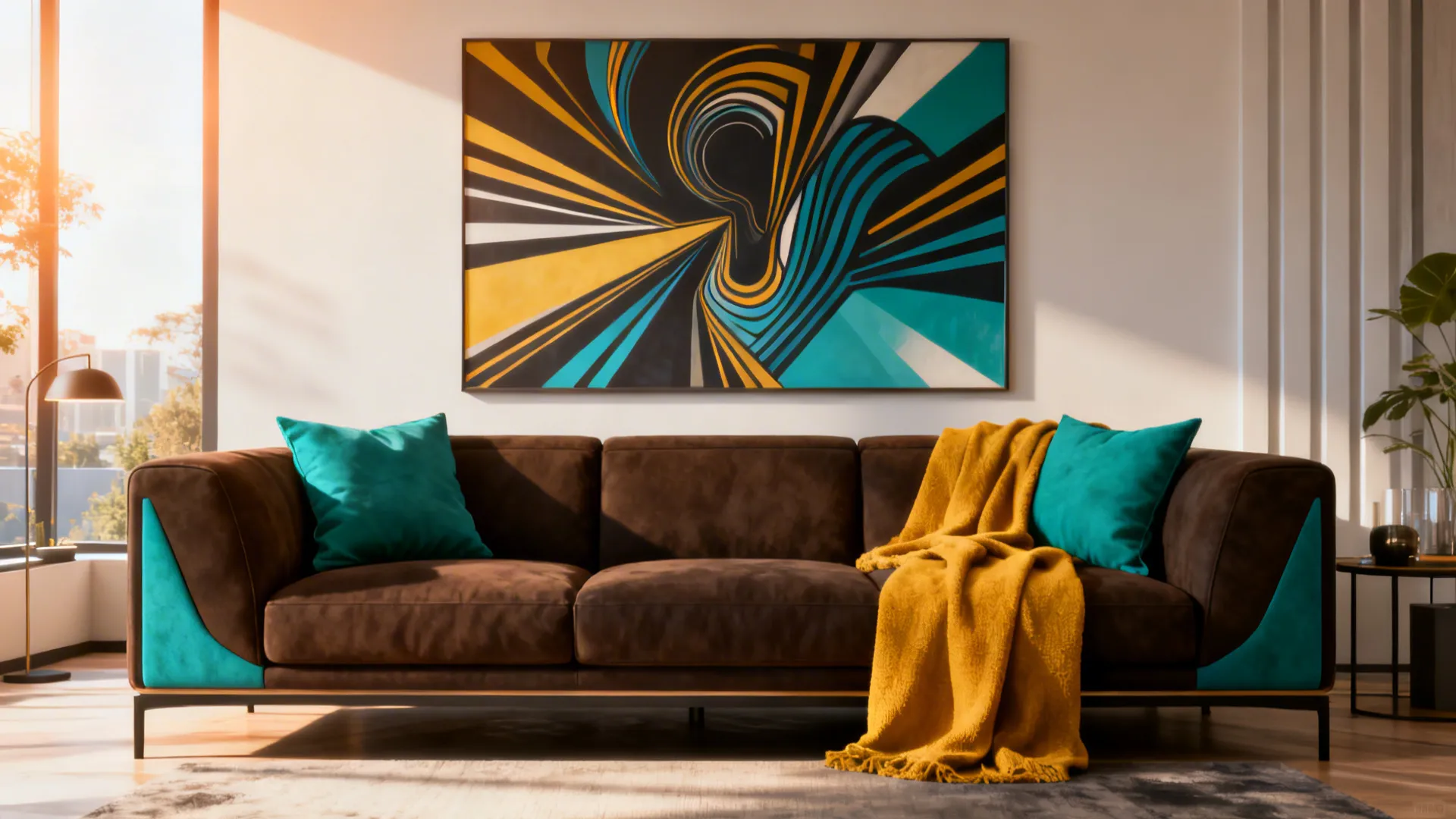 Dark brown sofa with teal pillows and a mustard throw under graphic wall art, energetic living room.