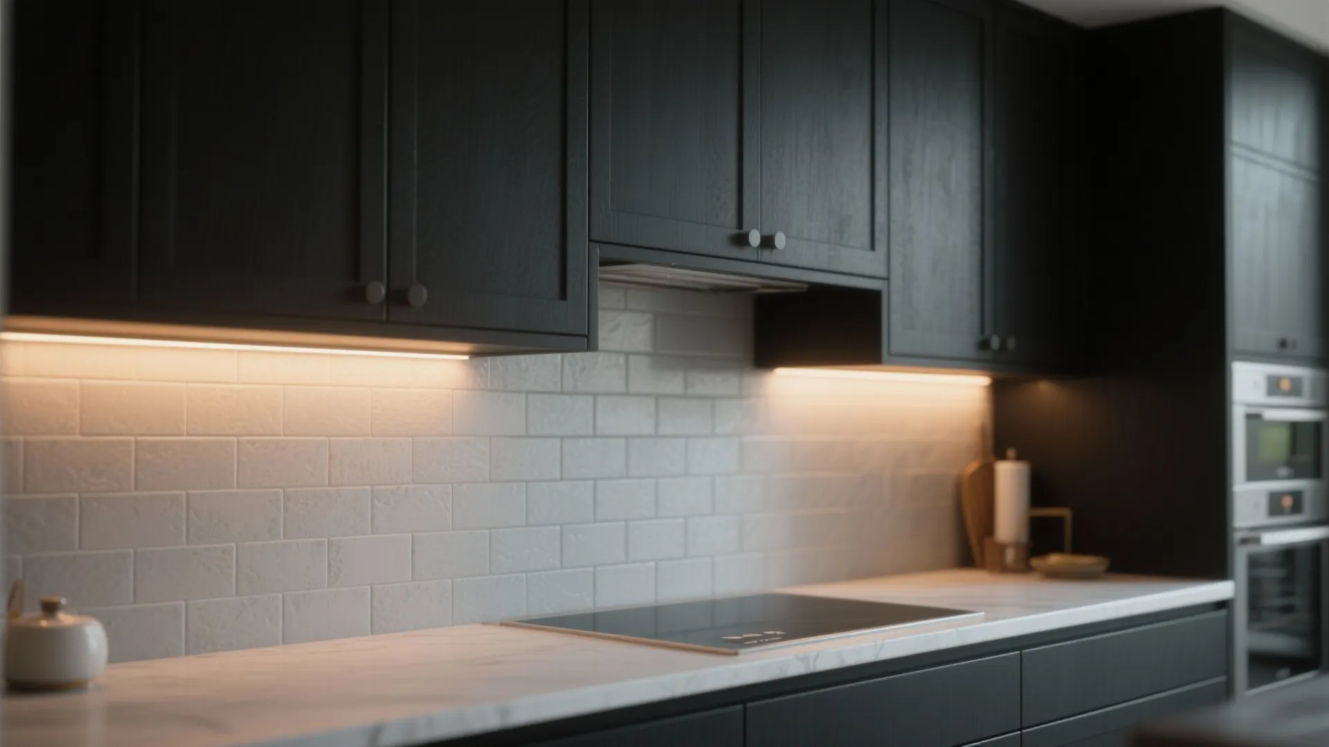 1. High-Contrast Black Cabinets + Light Grey Backsplash