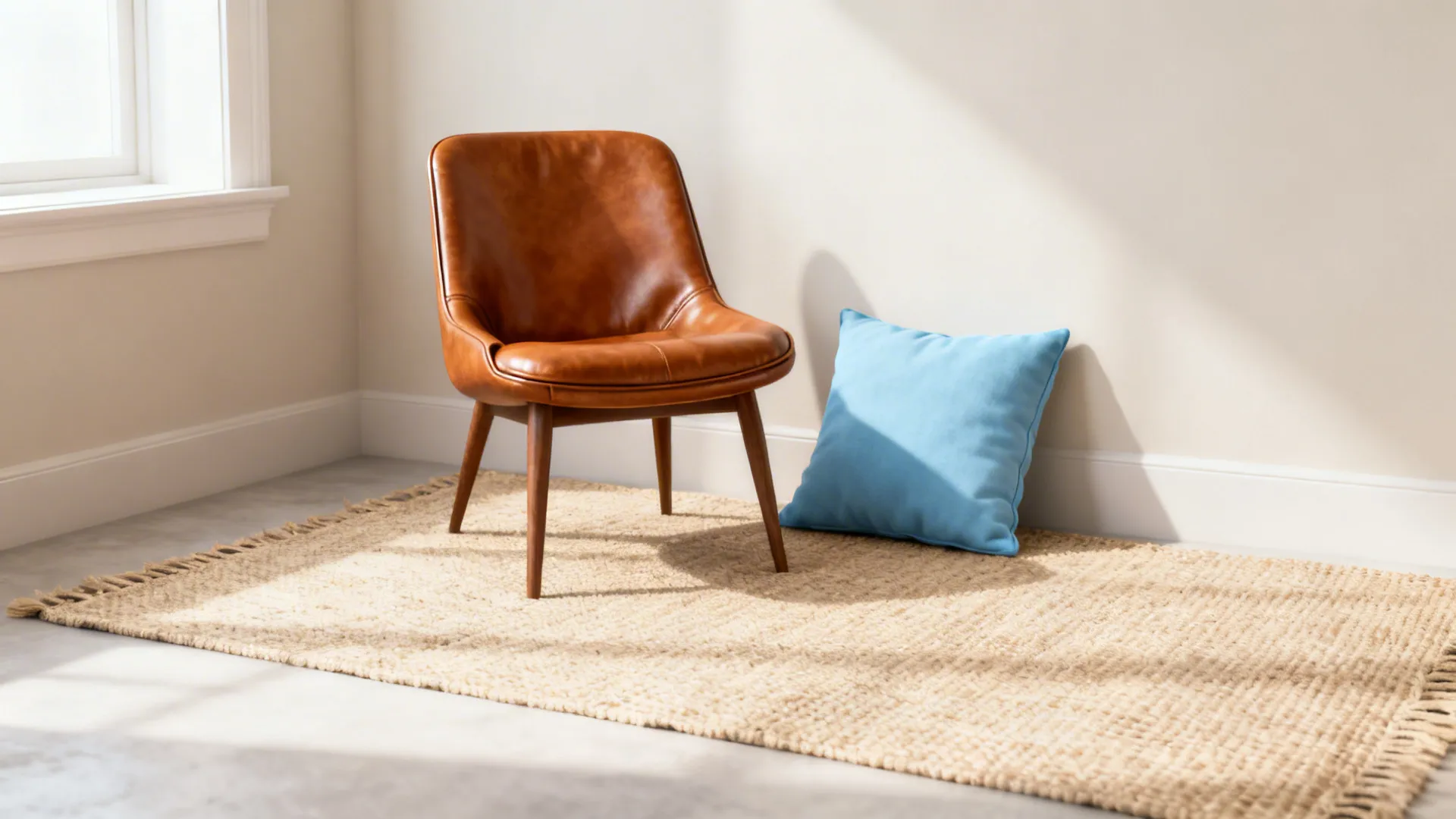 Caramel leather chair on a pale jute rug with a sky-blue cushion against a light wall