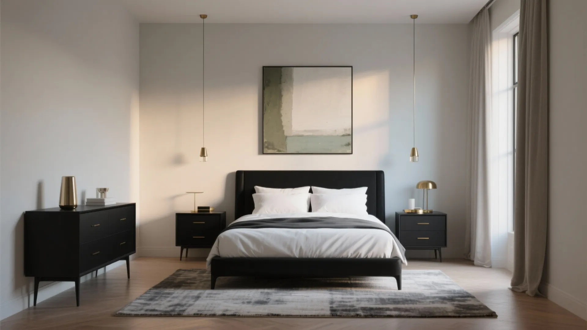 Modern bedroom with black bed frame white bedding two nightstands ceiling lights and gray rug