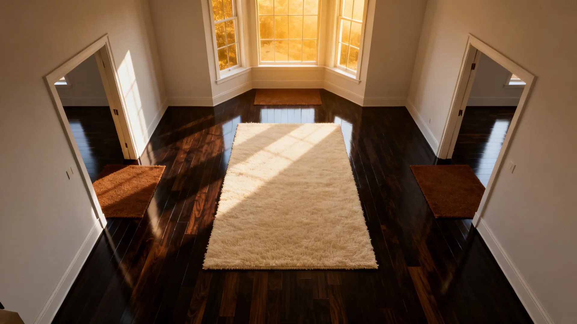 Dark wood floor with a large cream rug center and brown runners at entrances for protection.