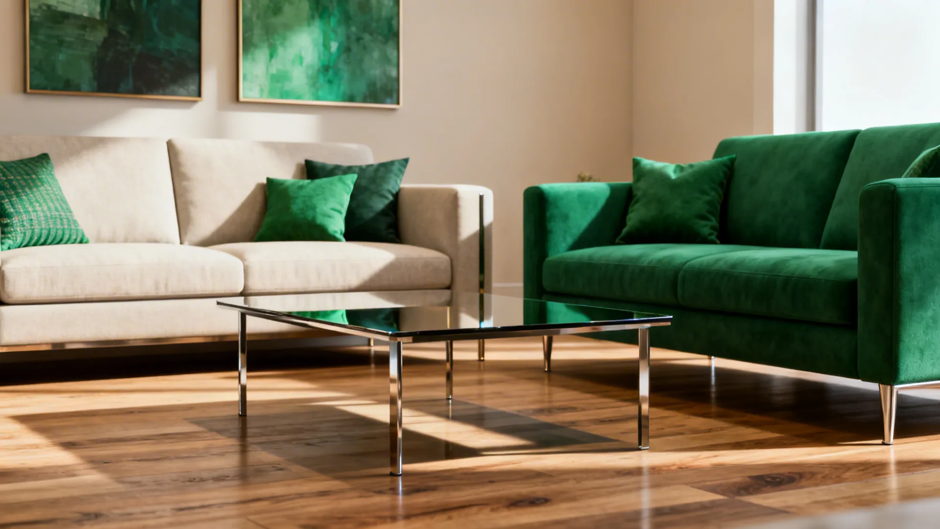 Neutral sofa paired with a saturated jewel-tone sofa, repeated accent color in cushions and art.