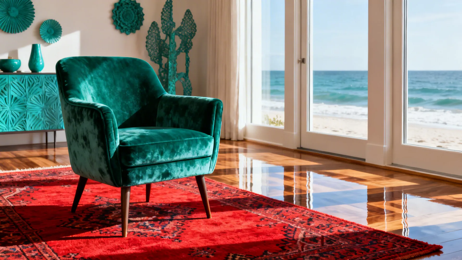 Green armchair on red rug in room with wood floor blue cabinet and ocean view