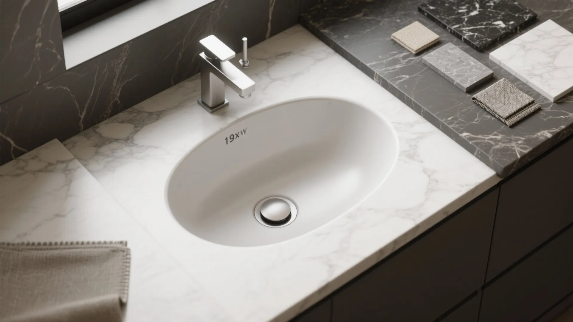White oval bathroom sink with silver tap on marble counter showing various stone material samples
