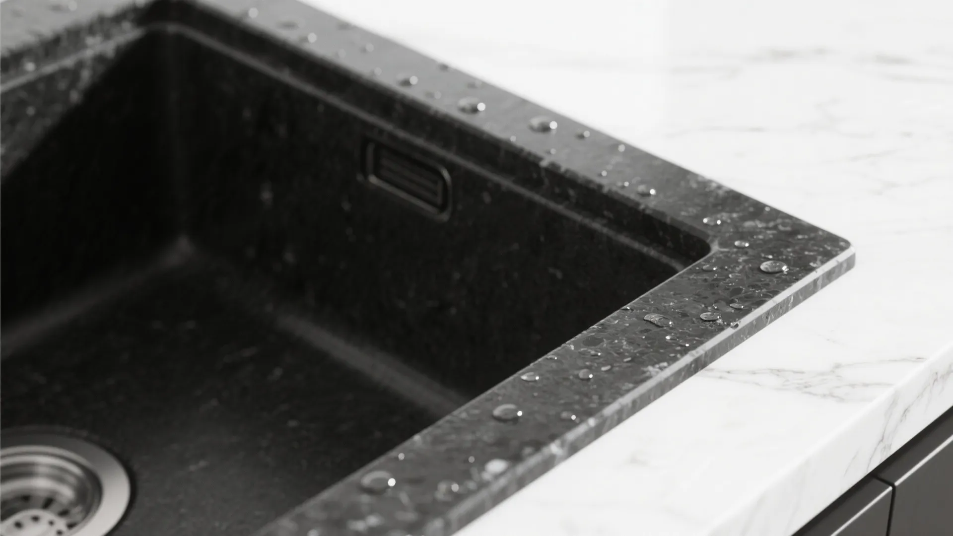 Close-up of matte black sink edge against white quartz countertop showing texture and droplets