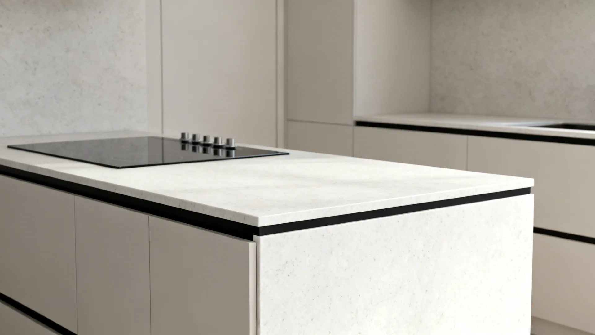 White quartz countertop with a thin black perimeter band and waterfall return at the cabinet end.