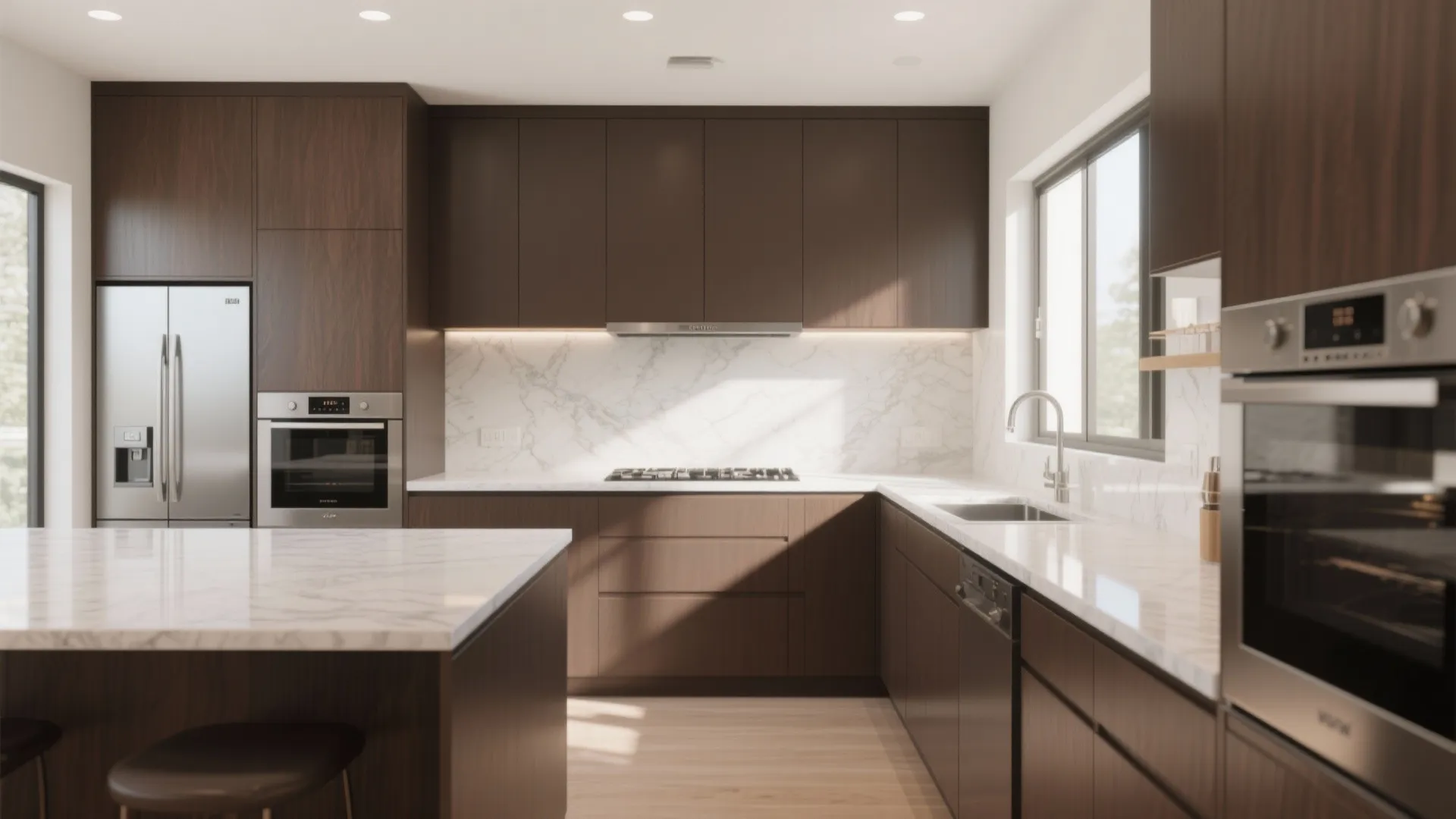 Large kitchen design with dark wood cabinets marble island white countertops silver appliances and natural light