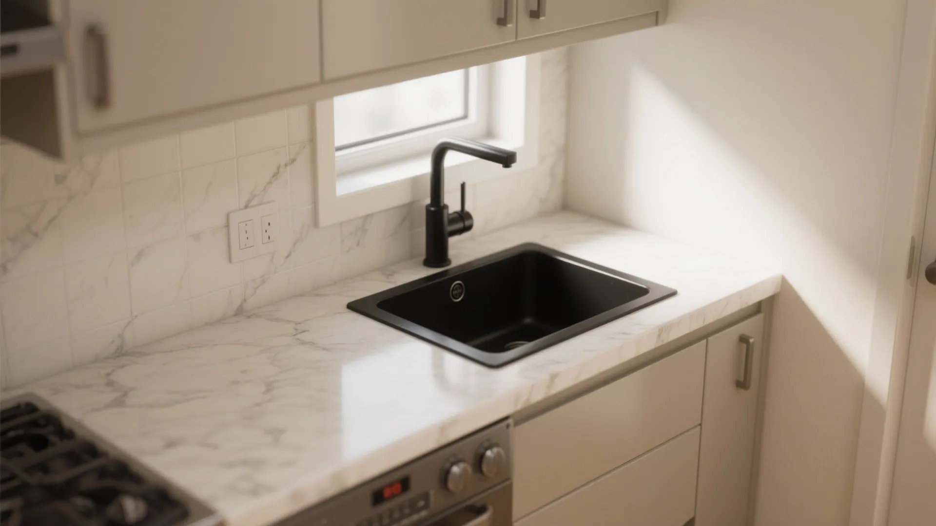 2. Contrasting countertops with black drain as an accent