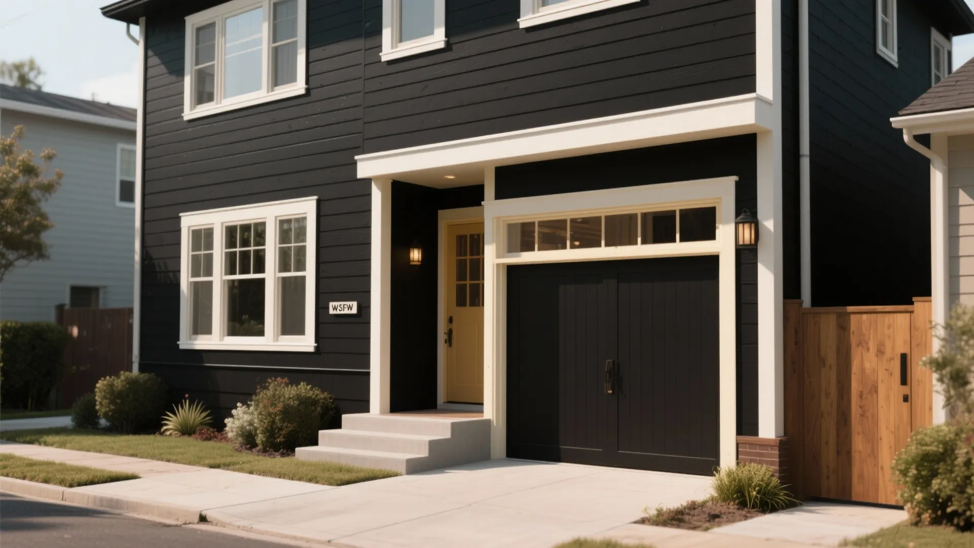 Modern black house exterior with white window trim yellow front door and a dark garage