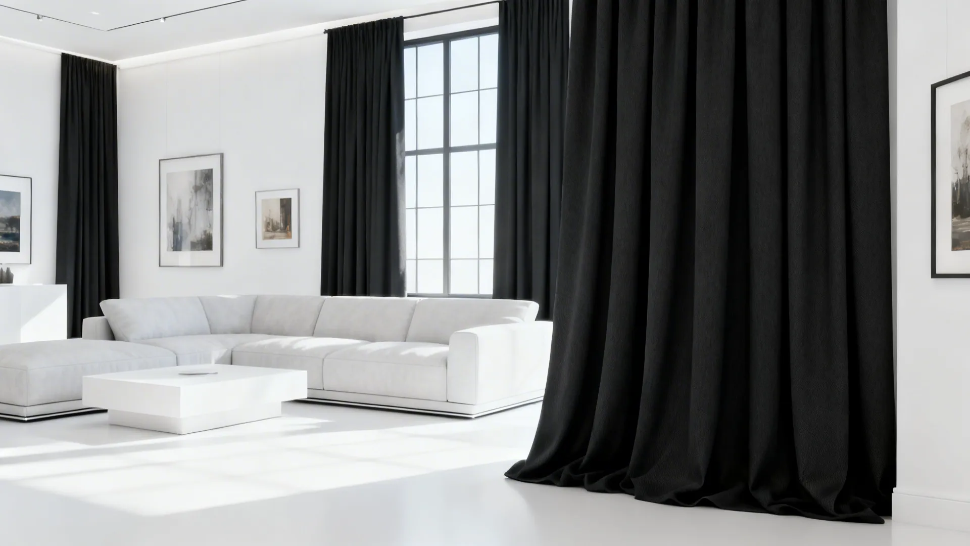Modern living room with charcoal curtains against white walls creating high contrast.