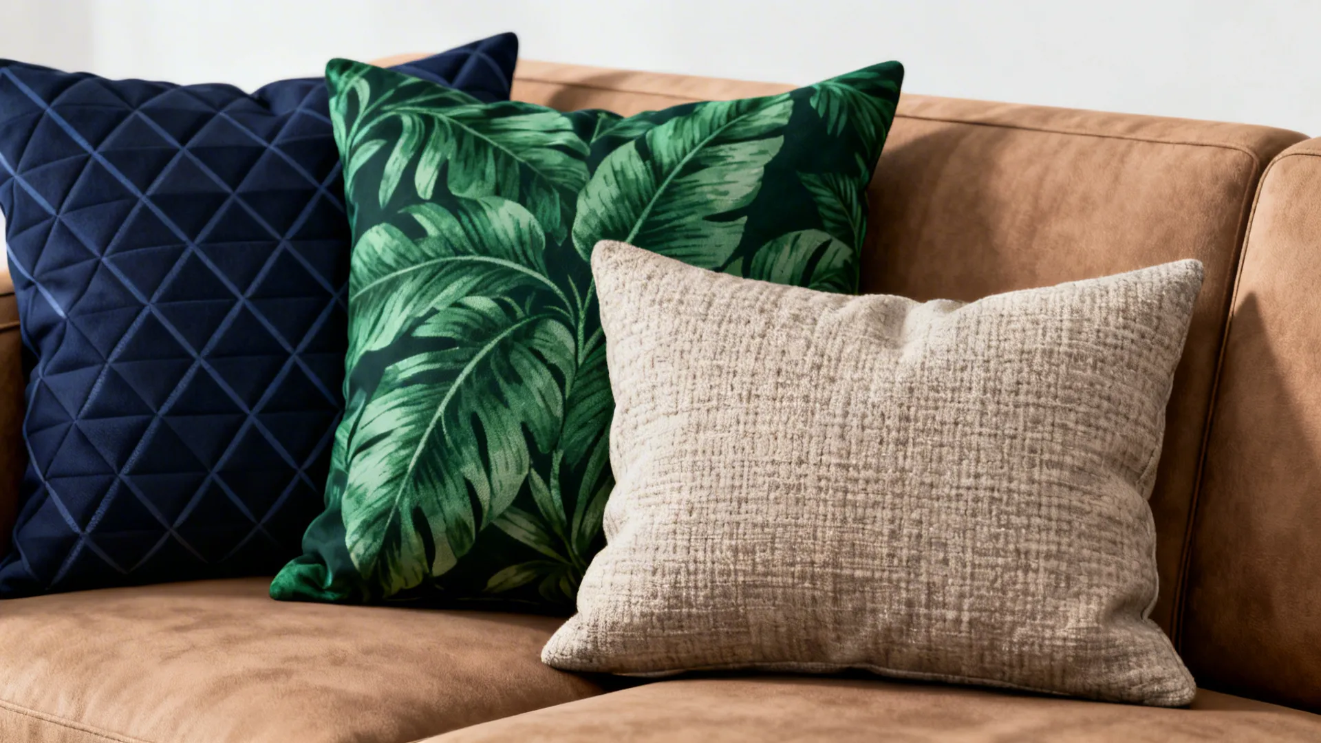 Light brown sofa with navy geometric, deep green botanical and textured neutral throw pillows.