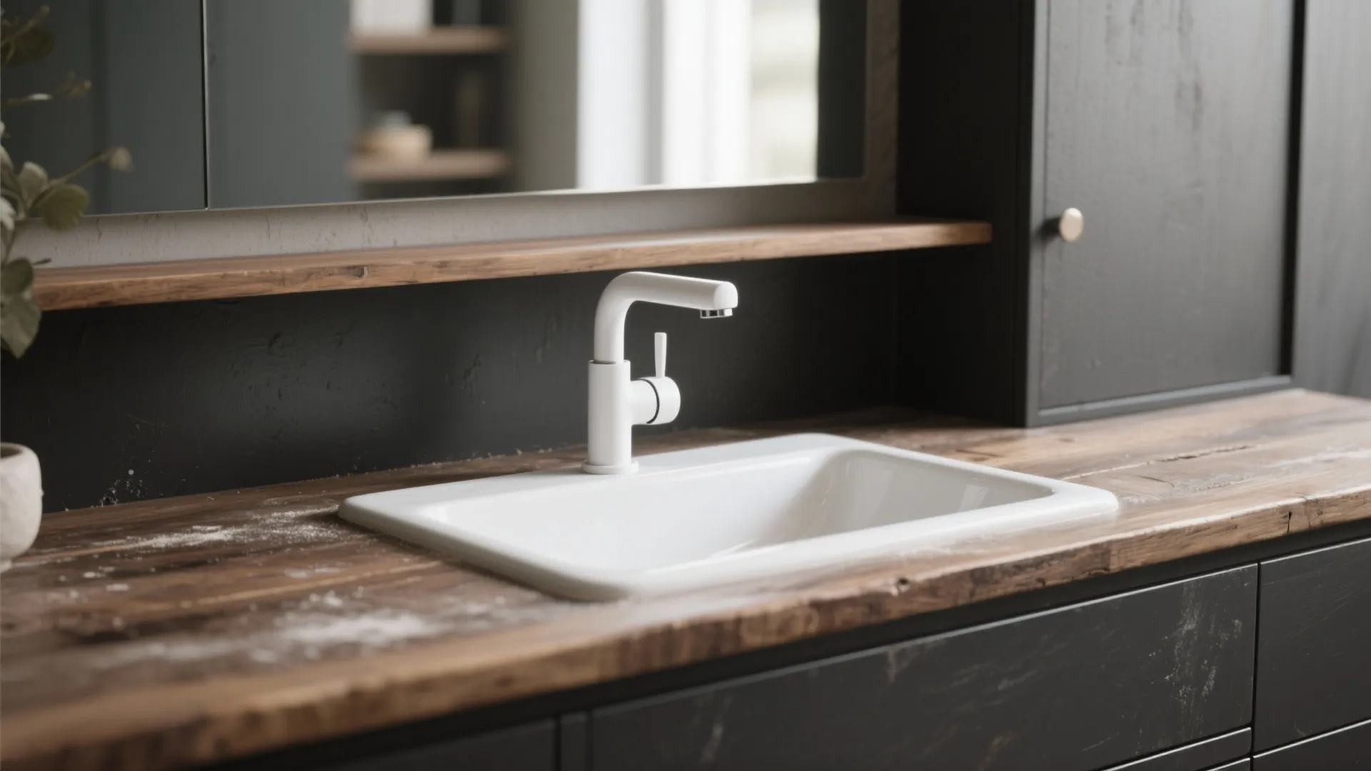 Matte white faucet on a charcoal vanity with a walnut countertop showing modern contrast.