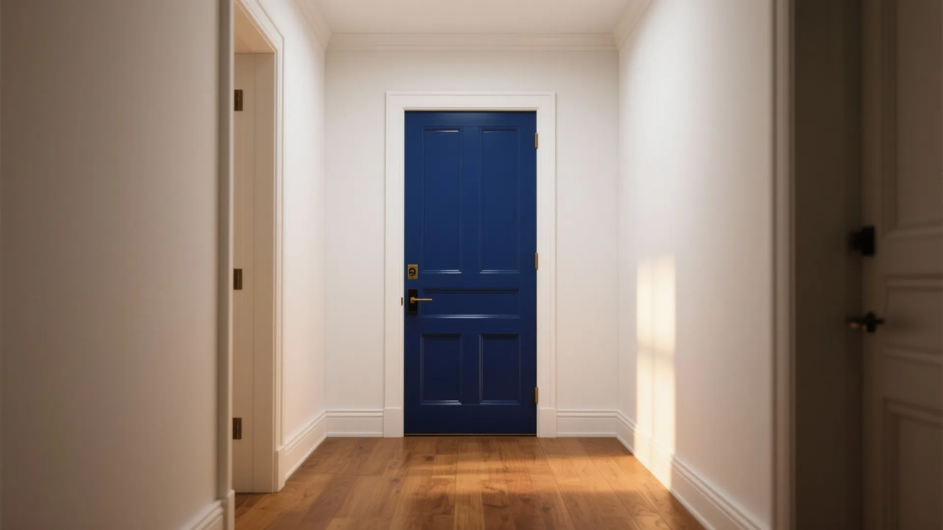 Navy blue door in a white hallway with wood flooring and bright warm sunlight shadows