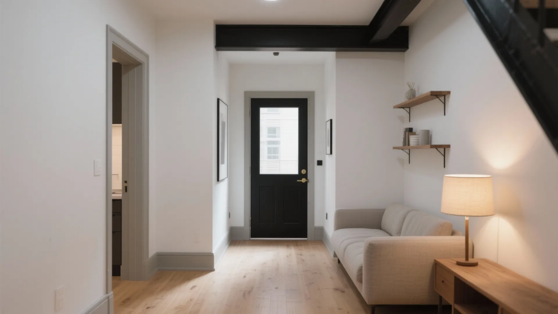 Modern hallway with black front door grey trim beige sofa wooden floor and wall shelves