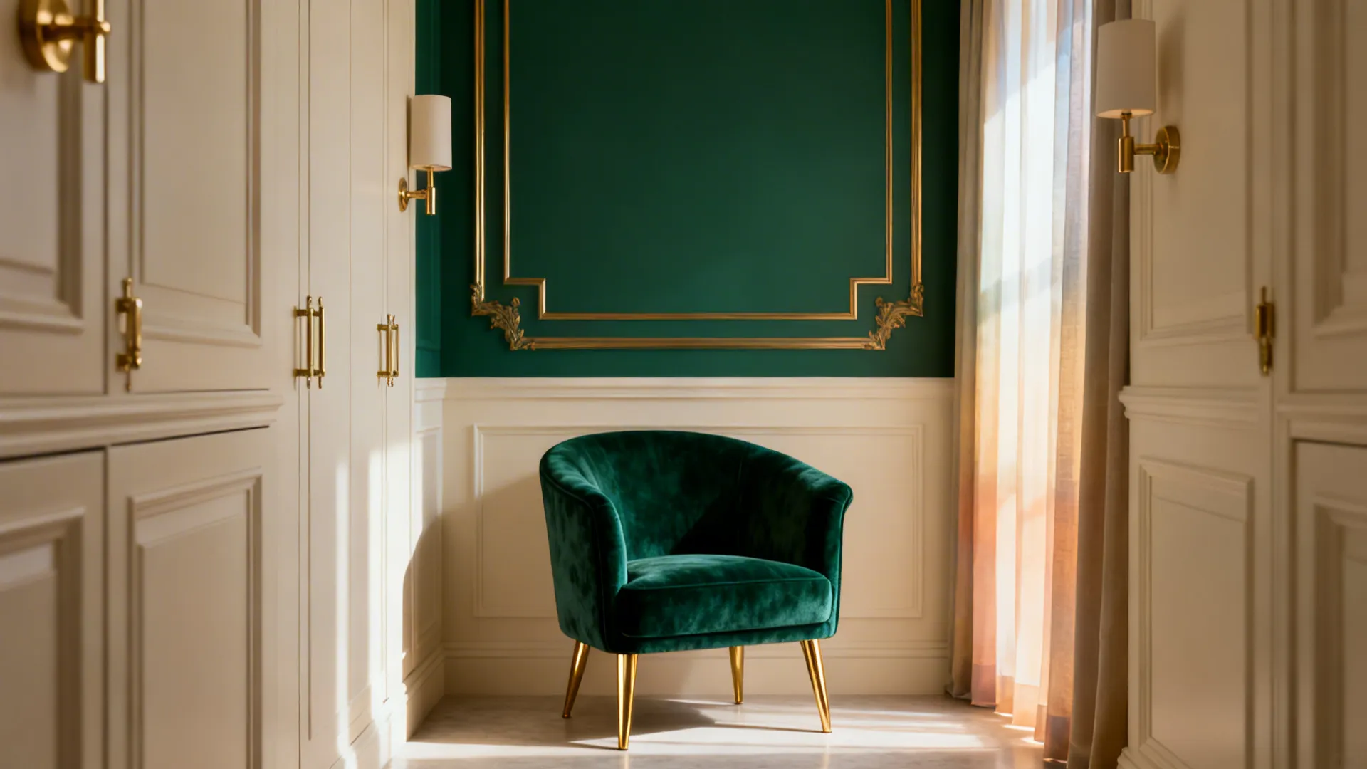 Cream living space with a deep emerald accent chair with gold legs and matching gold trim.