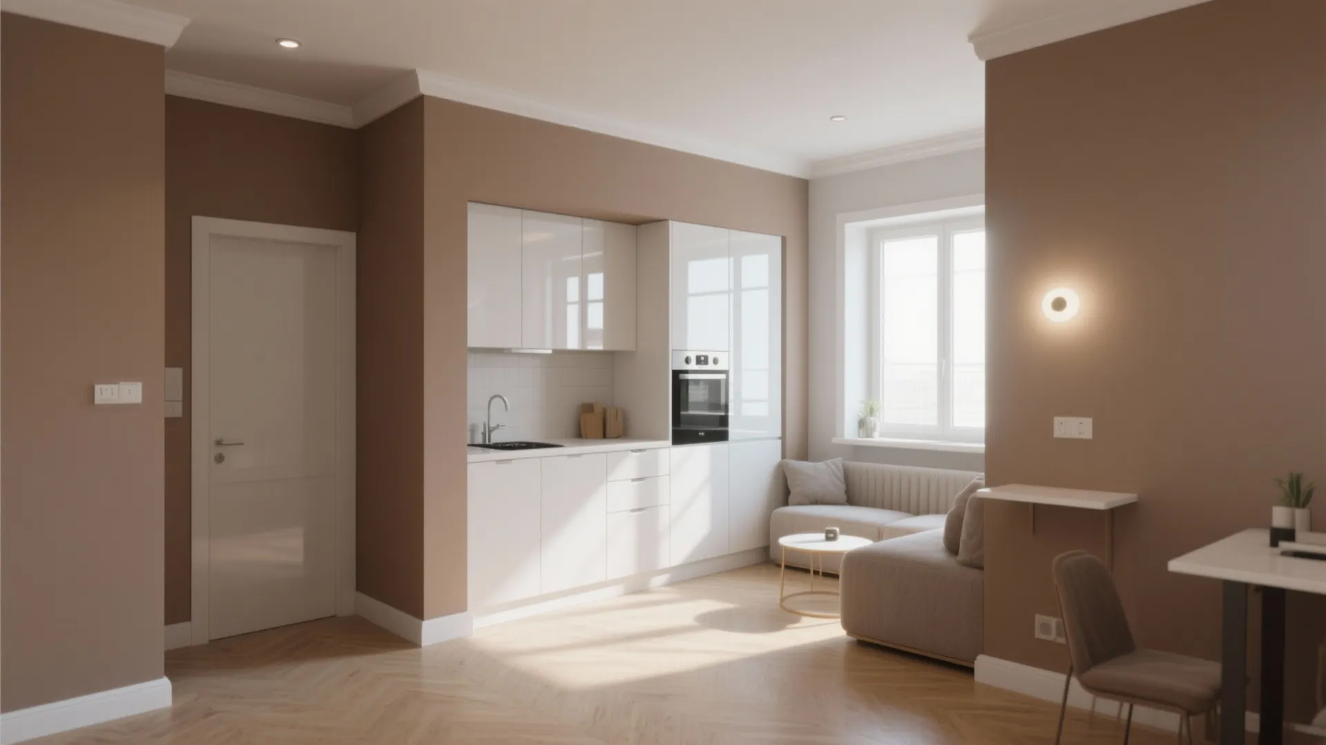 Compact apartment with light brown walls, crisp white trim and glossy cabinetry creating visual depth.
