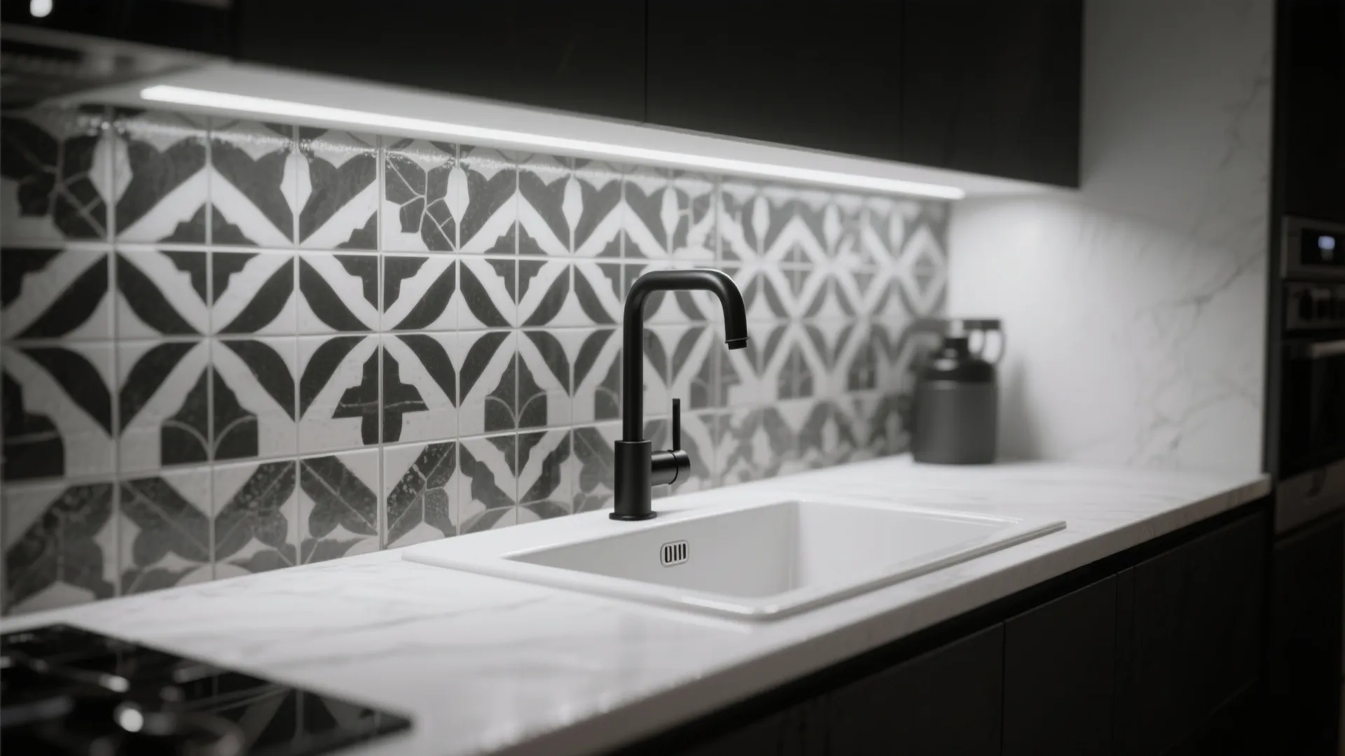 3. High-Contrast Hardware and Backsplash