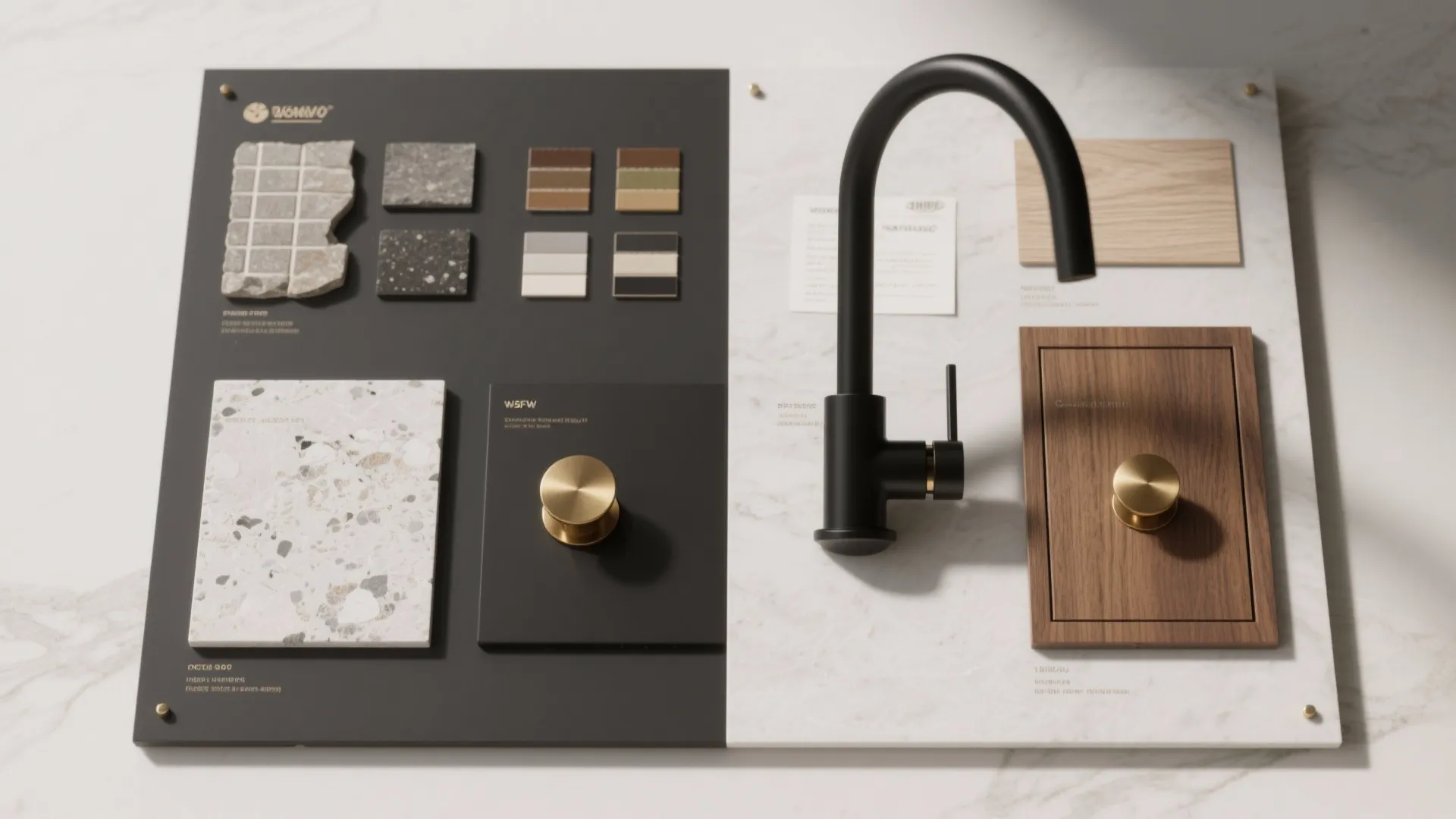 Interior design material board featuring black kitchen tap with gold knobs and various stone samples