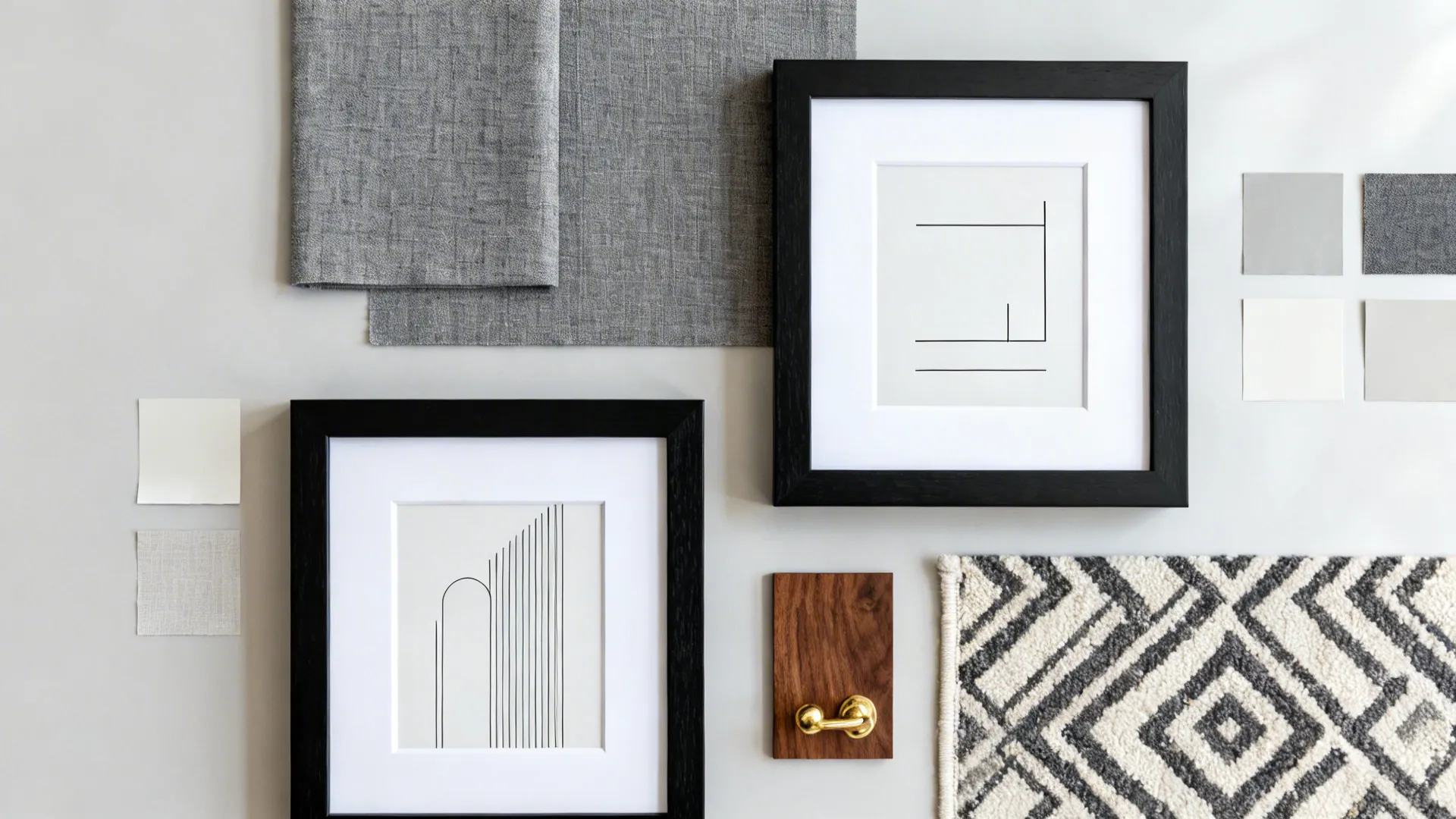 Flatlay of black frames, white art, gray fabric swatches and wood and metal samples.