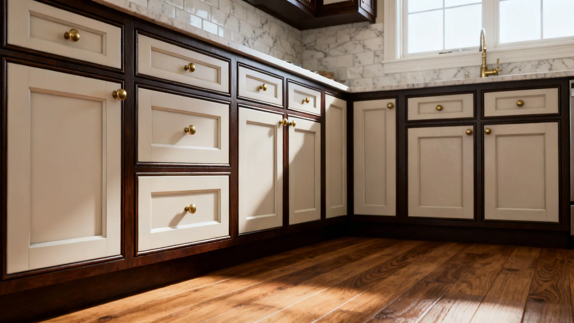Compact kitchen with Shaker doors using darker frames and lighter panels for subtle depth.