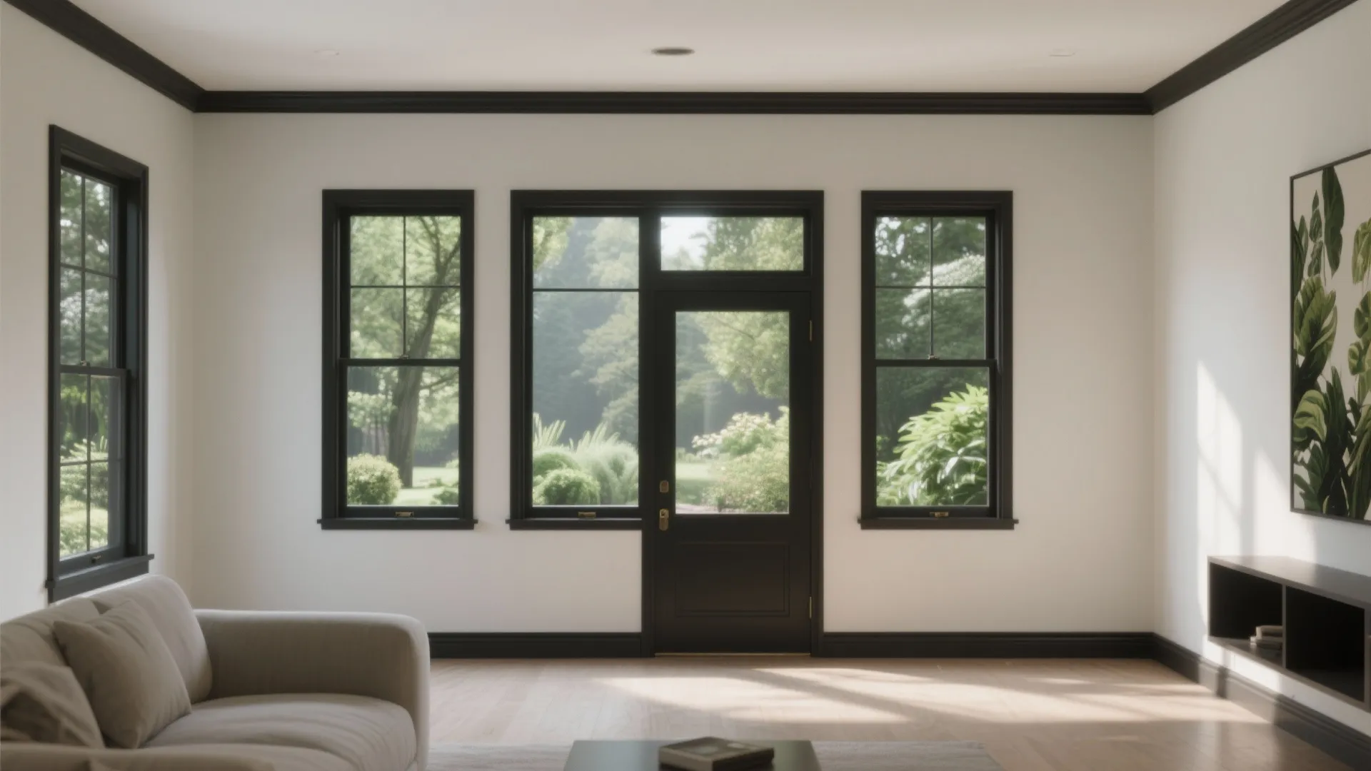Modern white living room with black framed windows and door overlooking a bright green garden view
