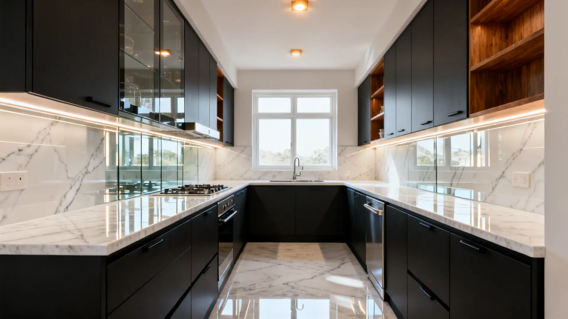 Charcoal base cabinets with light quartz counters and a reflective glass backsplash brighten a narrow galley.