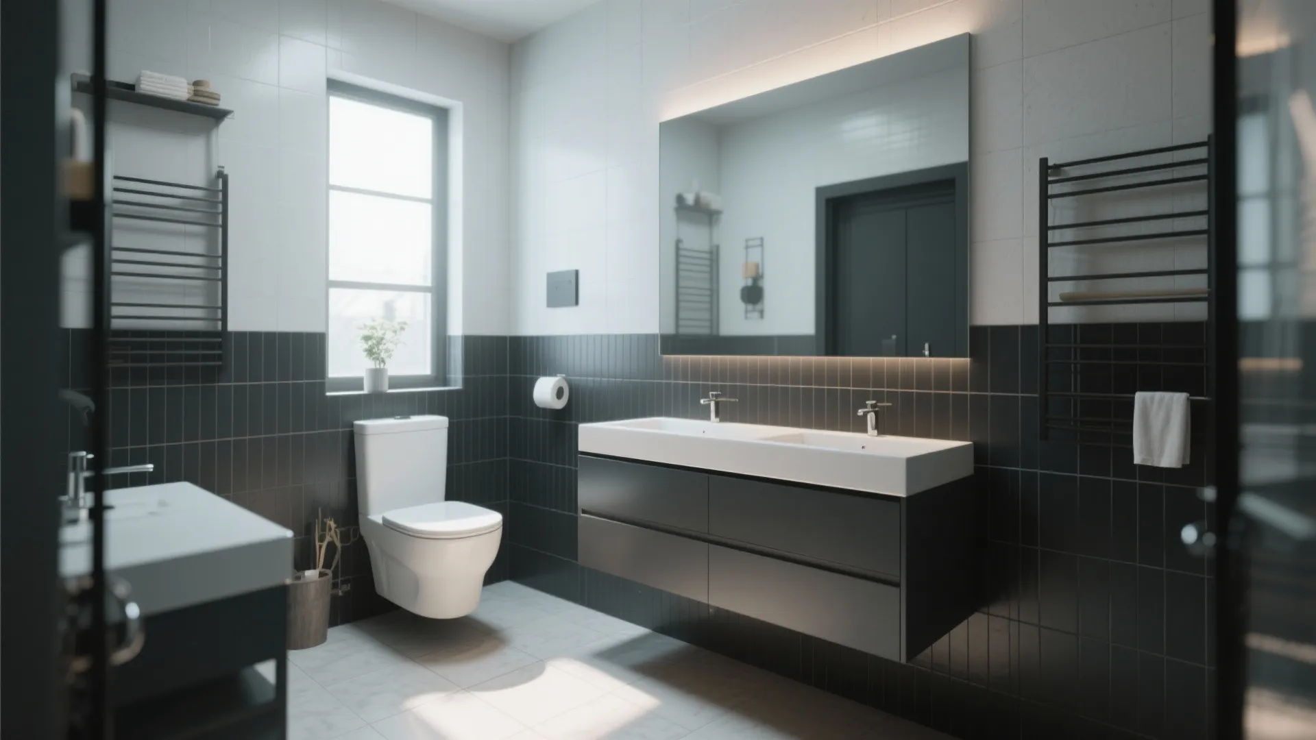 Modern bathroom with black wall tiles white toilet floating black cabinet large mirror and natural light
