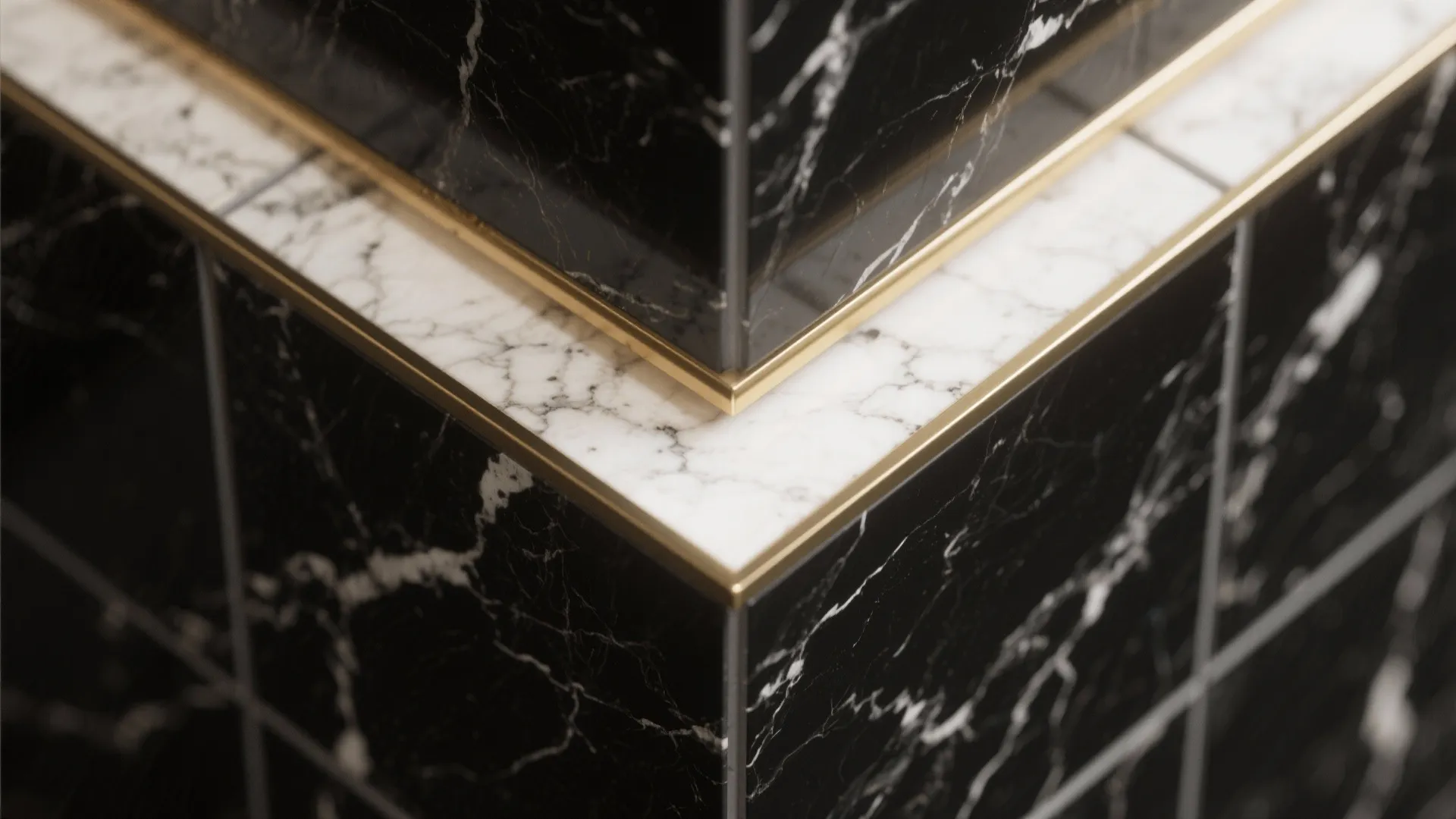 Close up of black marble wall tiles with white veins and thin gold metal edge trim