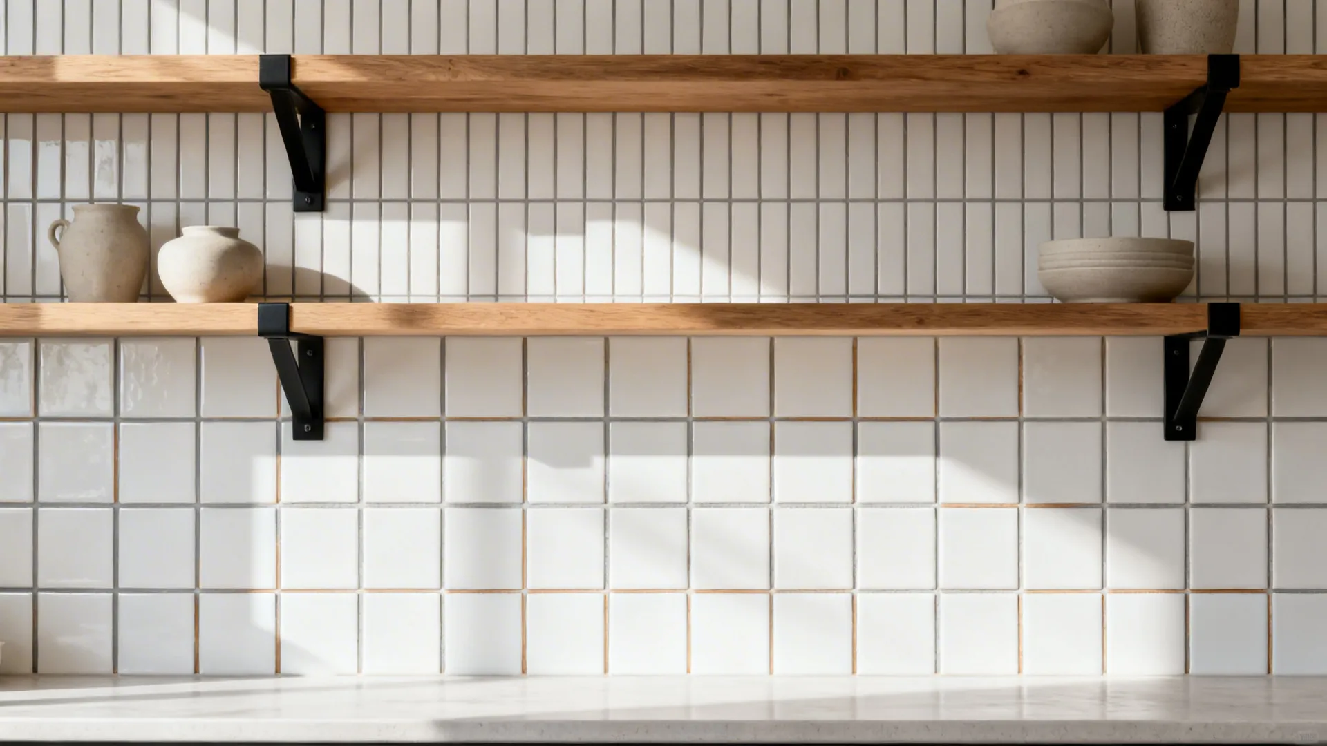 White square wall tiles with wooden shelves and ceramic pots in a bright kitchen area
