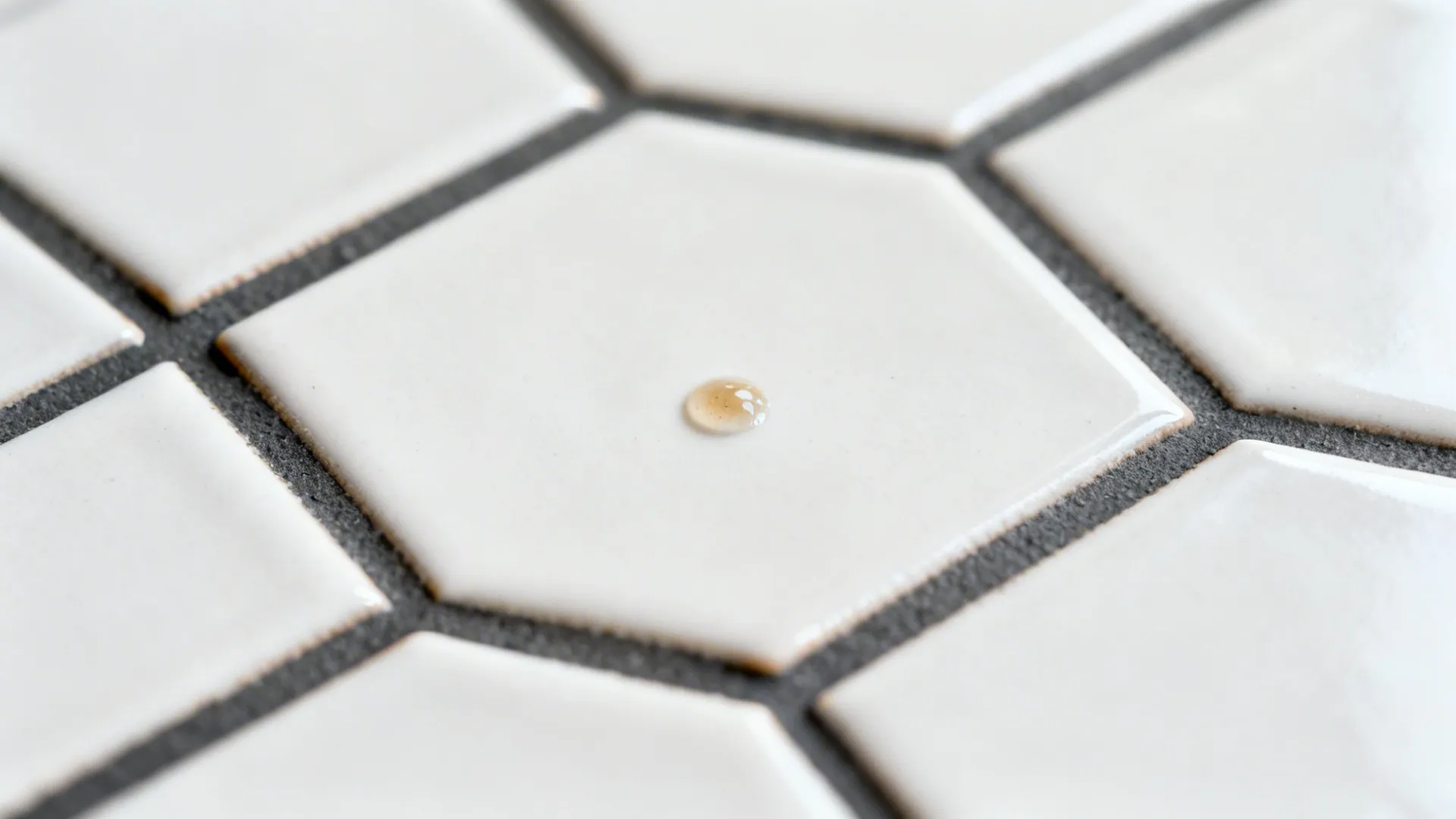 Macro of white hex ceramic tiles with charcoal grout showing a clean graphic grid.
