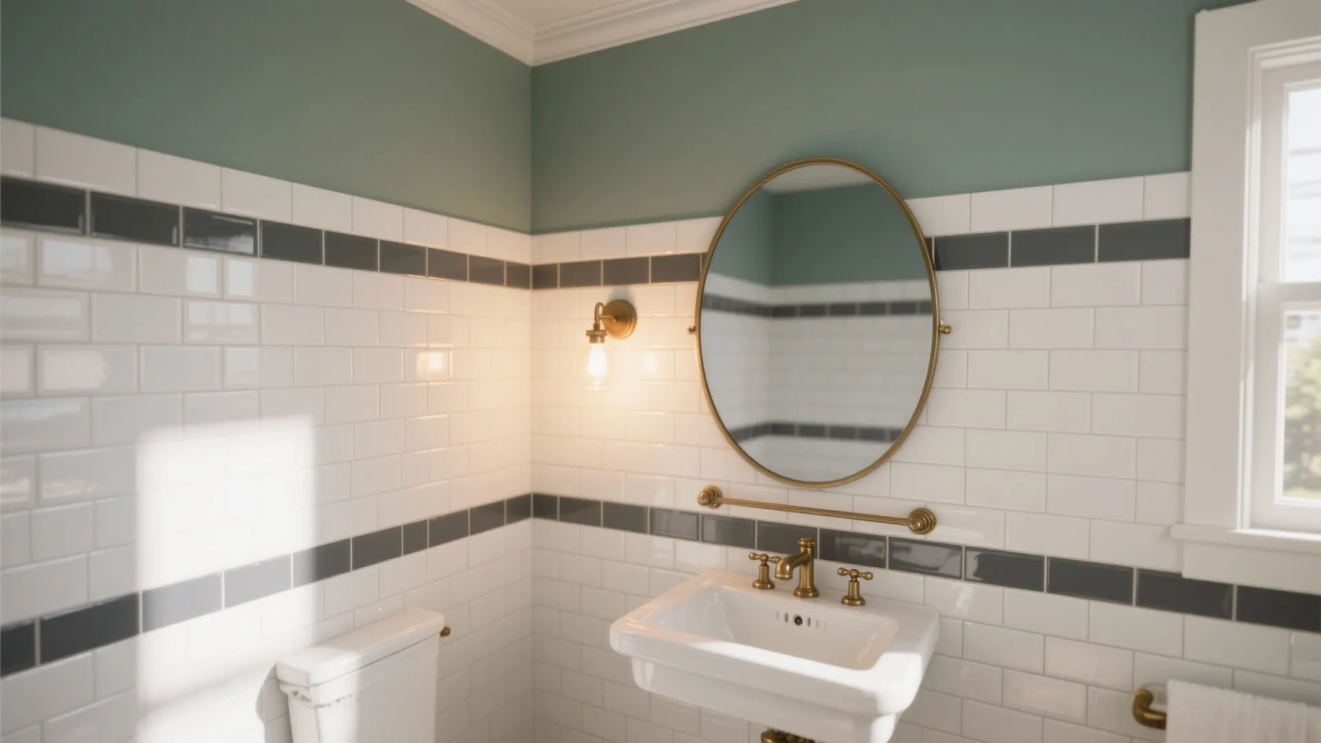 Bathroom interior with green walls white subway tiles round mirror gold wall light and white sink