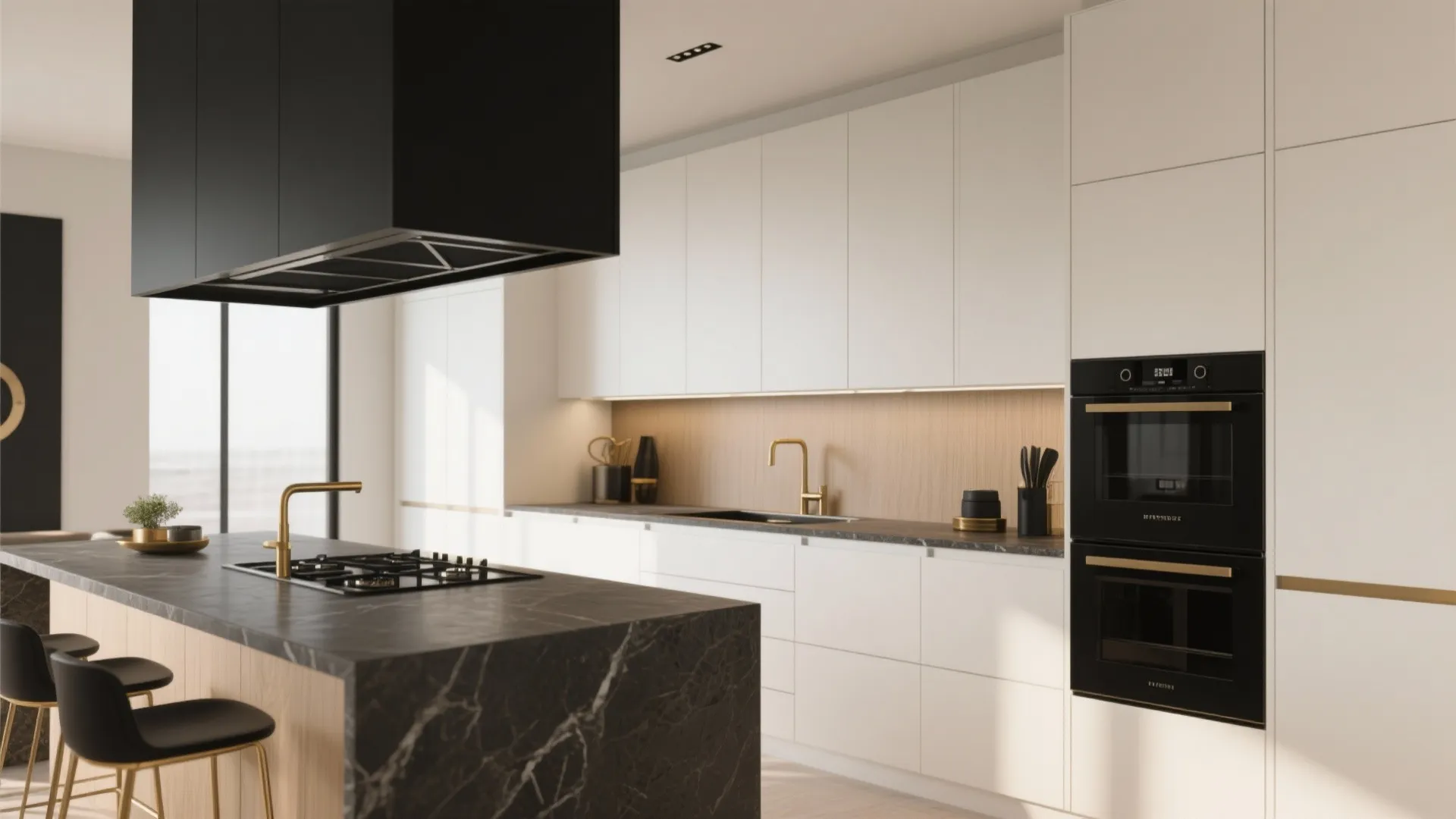 Warm white cabinets with dark handles and a deep stone countertop for contrast
