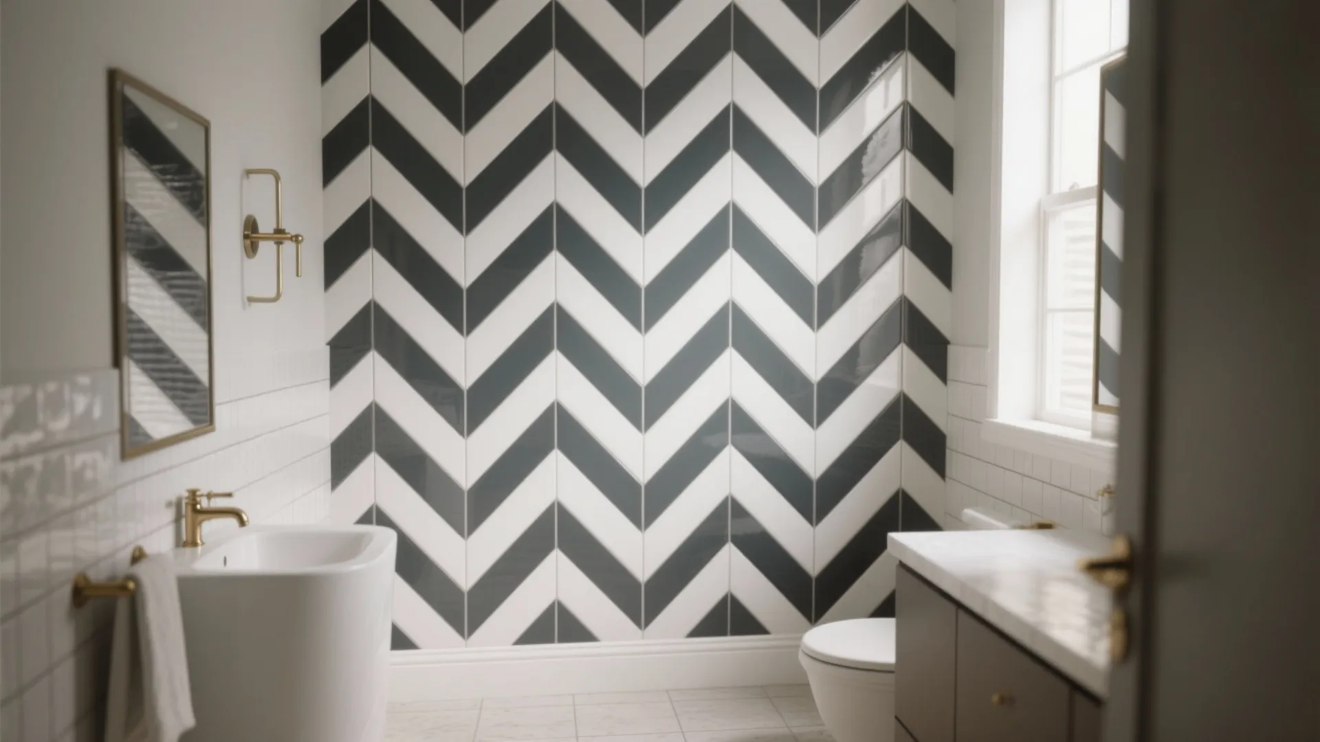 Modern bathroom featuring black and white chevron wall tiles with gold fixtures and white sink
